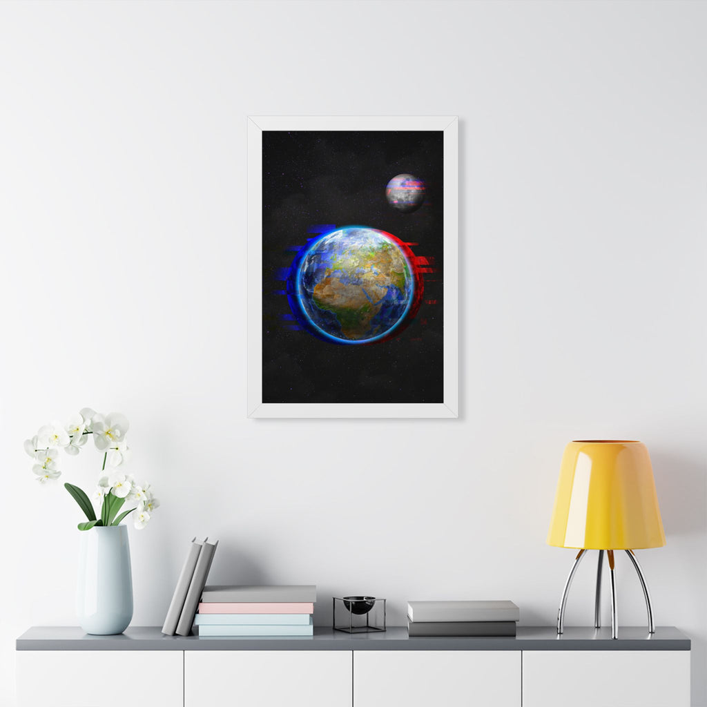 Earth Glitched Framed Poster - Digital Glitch Space Wall Art