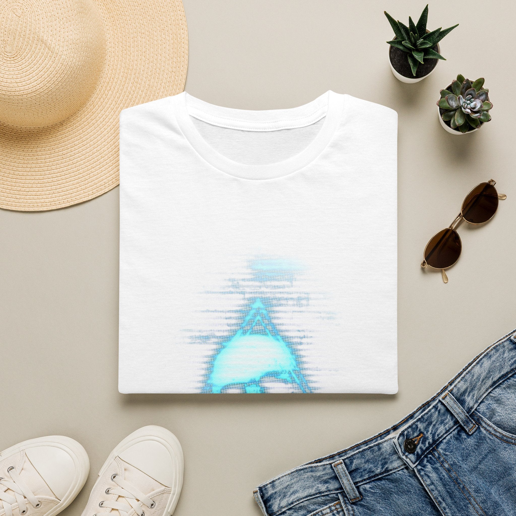 Neon Blue Glitch Triangle Skull Tee - Pastel Vaporwave CRT Shirt