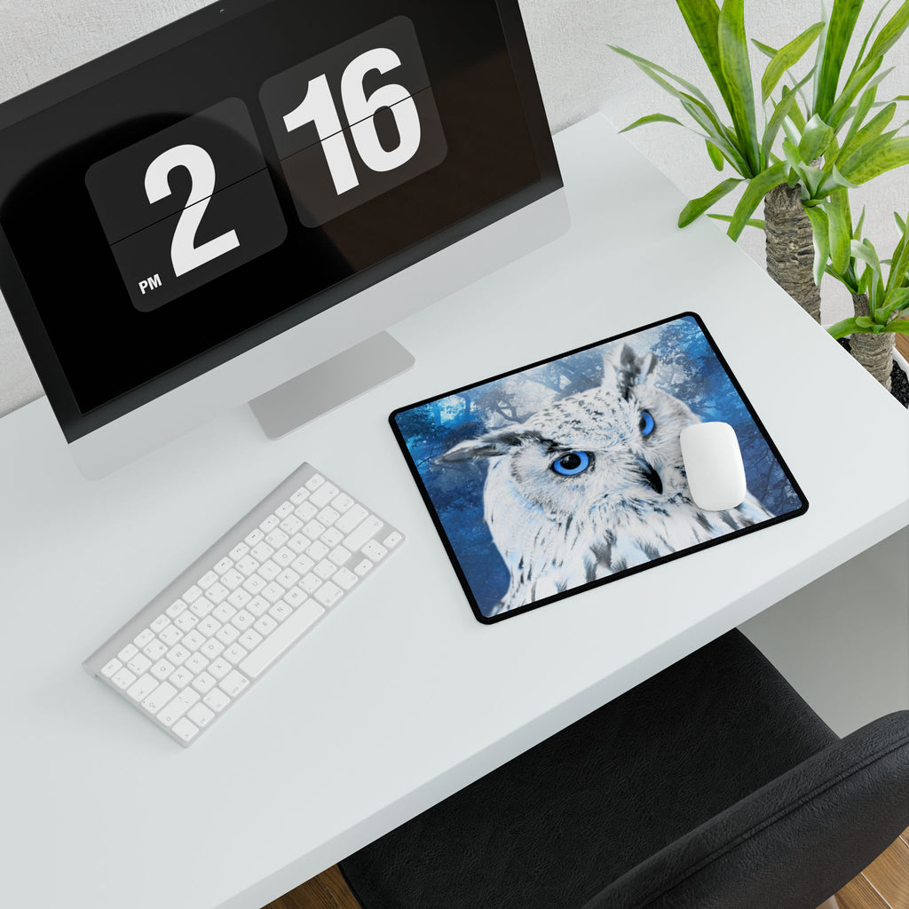 Frost Owl Desk Mat - Winter Forest Bird Mouse Pad