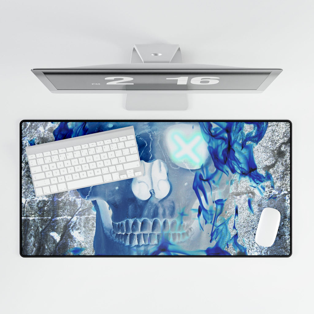 Blue Flame Skull Gothic Gaming Desk Mat