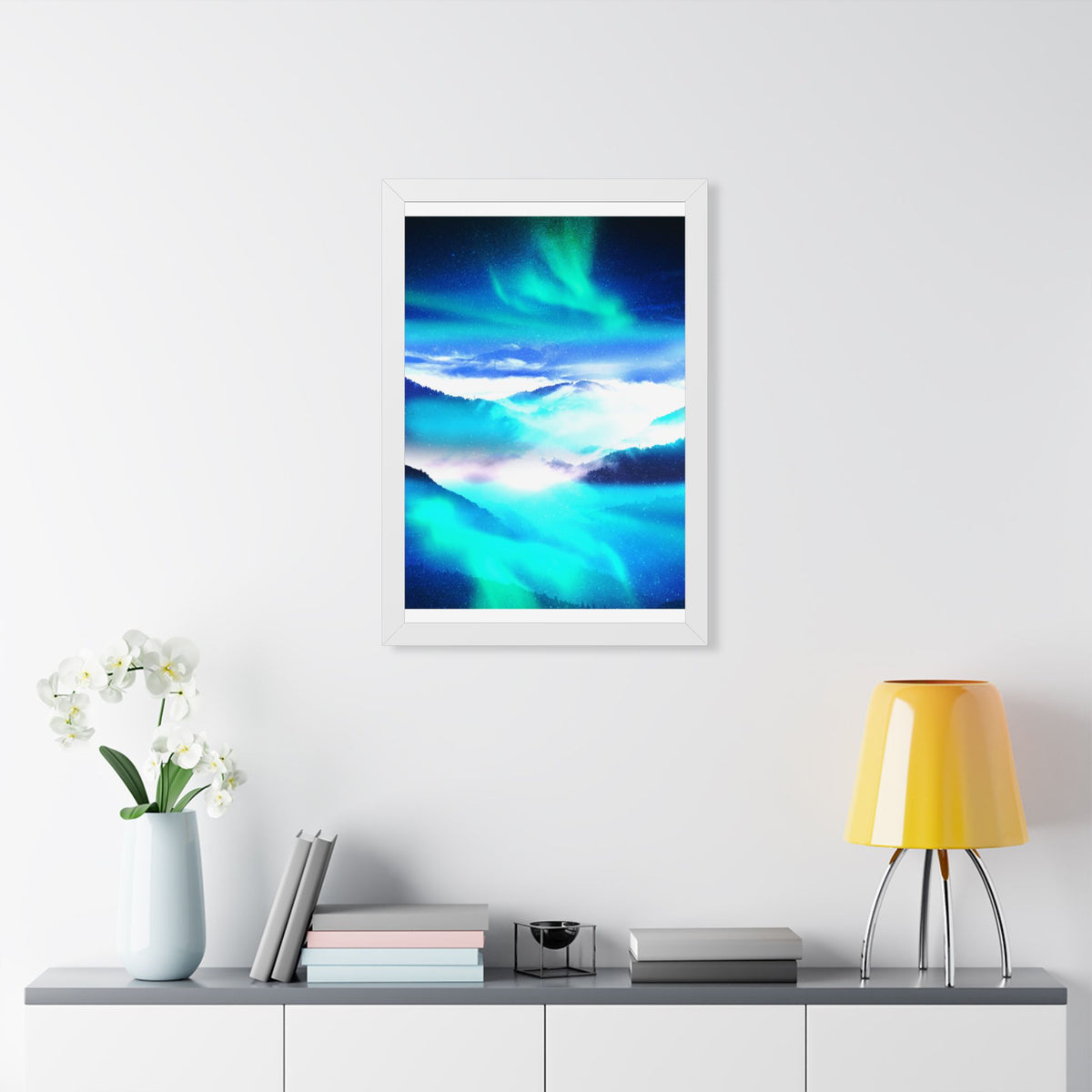 Starry Mountain Sky Framed Poster - Aurora Borealis Wall Art