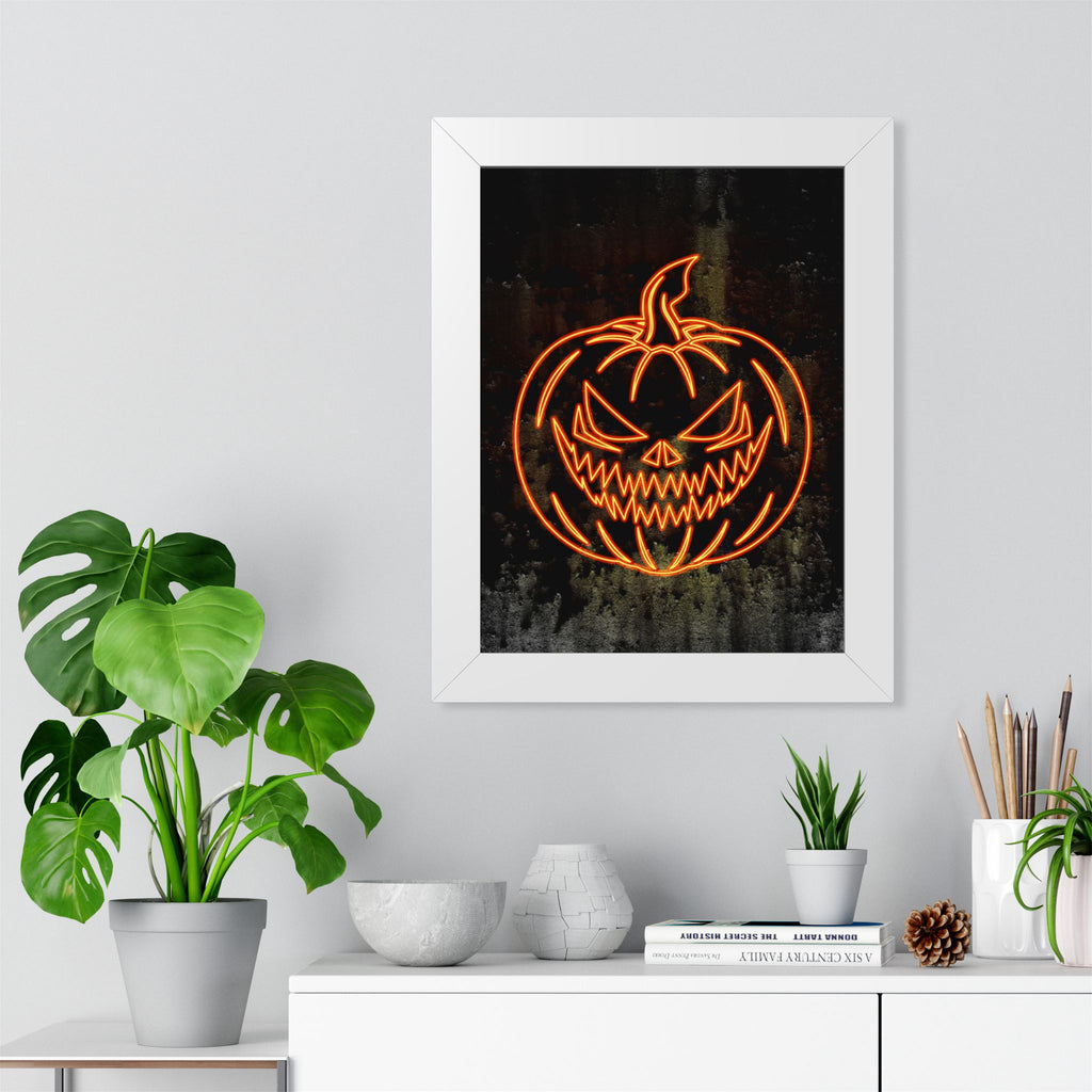 Neon Pumpkin Framed Poster - Spooky Halloween Wall Art