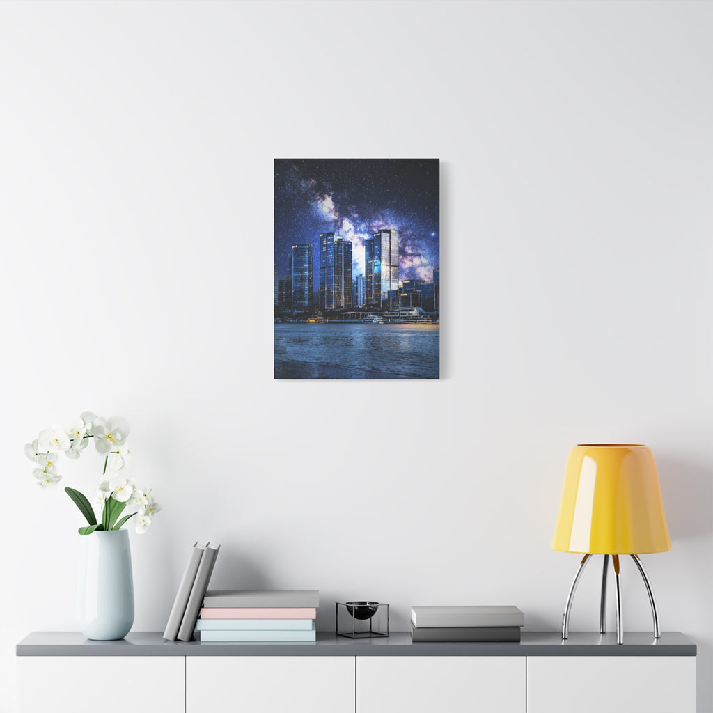 Space Cityscape on the Shore Canvas Wall Art - Neon Sci-Fi Coast Decor