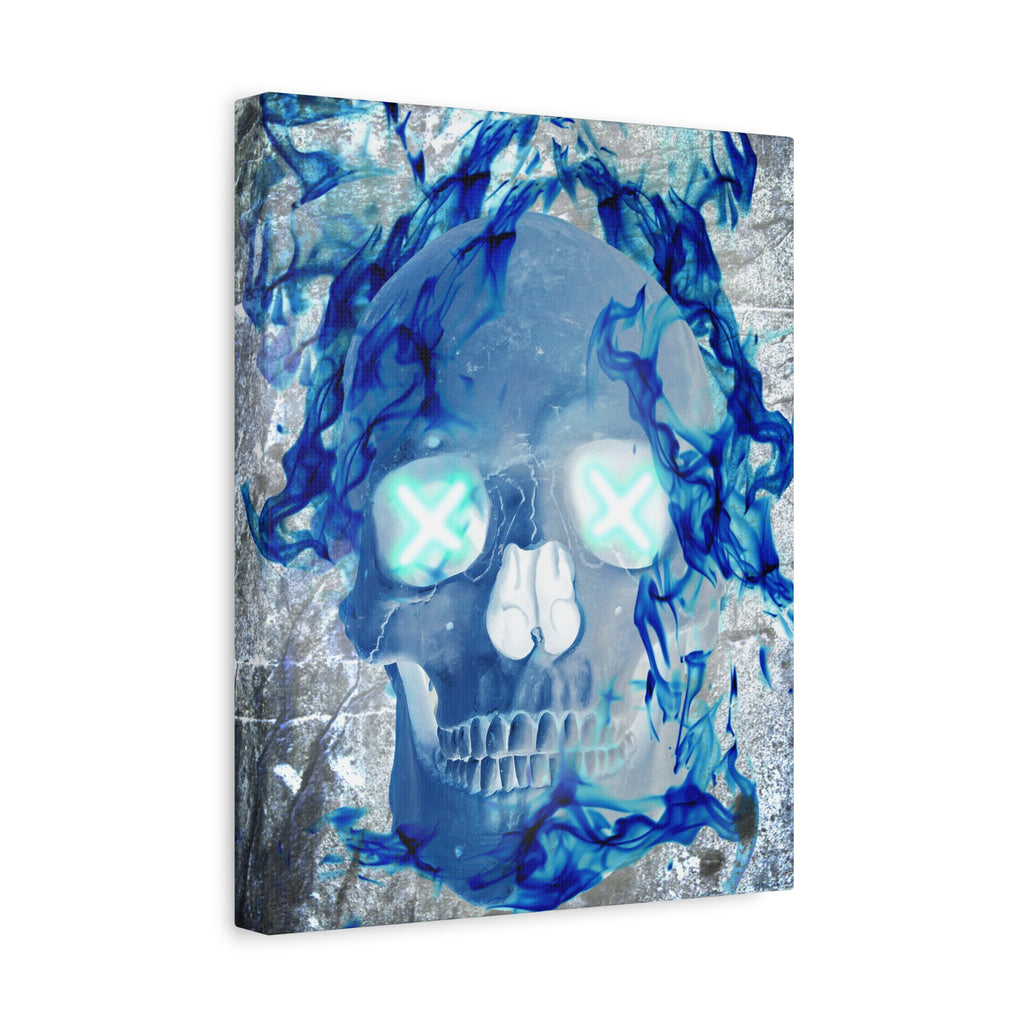 Blue Flame Skull Gothic Canvas Art - Edgy Fire Skeleton Decor