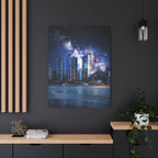 Space Cityscape on the Shore Canvas Wall Art - Neon Sci-Fi Coast Decor