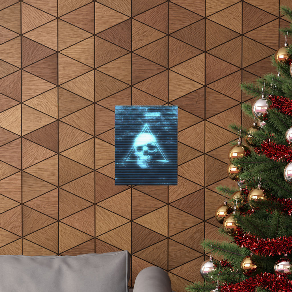 CRT Blue Skull Poster - Cyber-Noir Scanline Skull Art Print