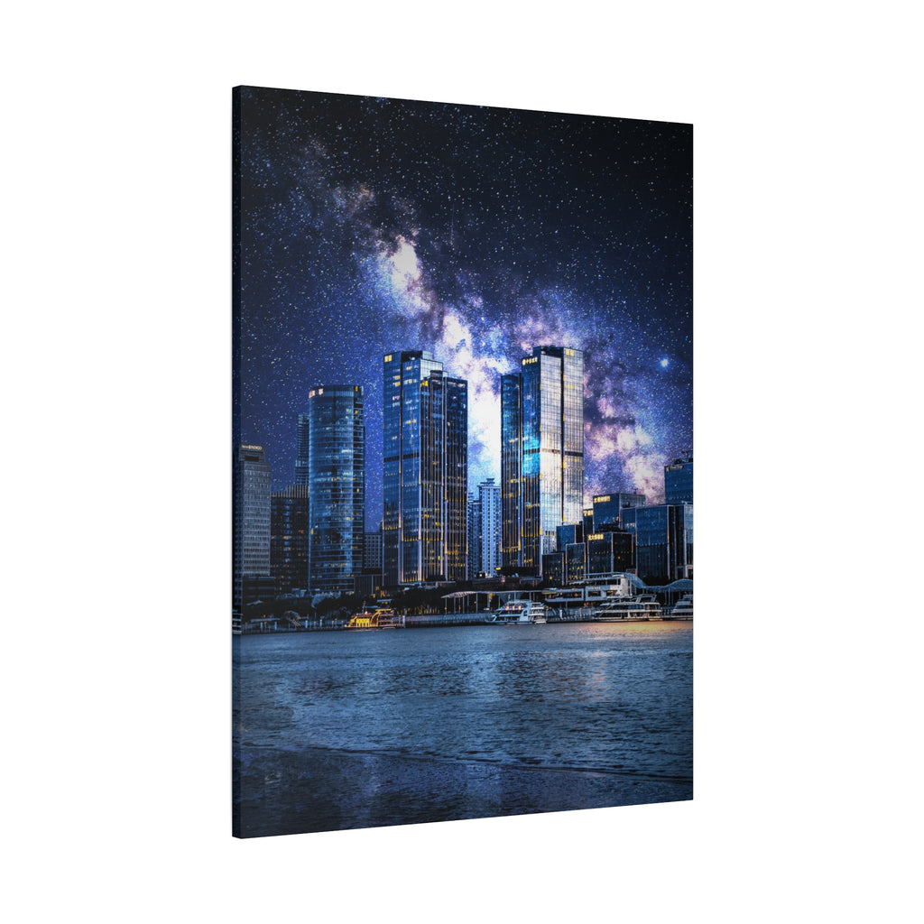 Space Cityscape on the Shore Canvas Wall Art - Neon Sci-Fi Coast Decor