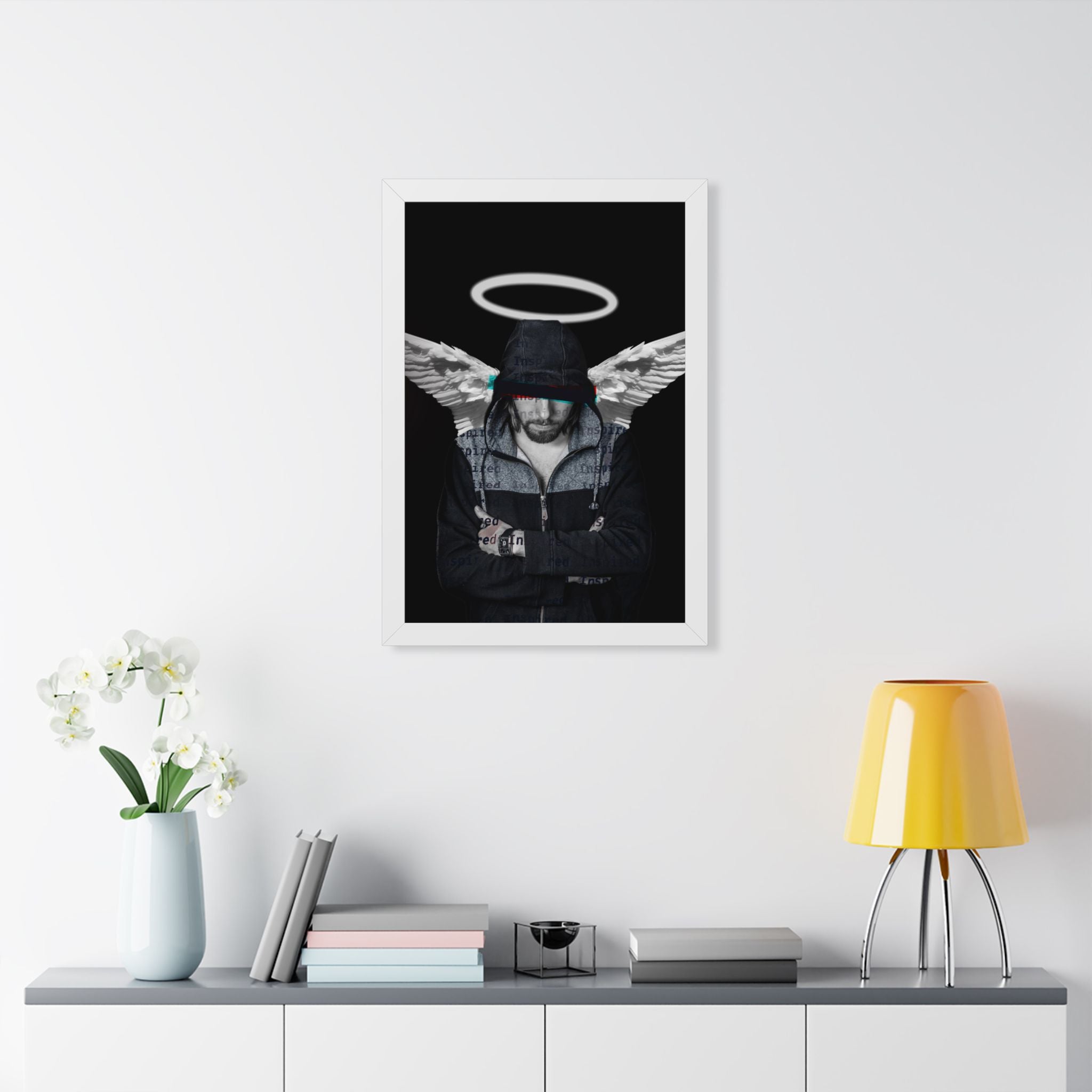Modern Angel Framed Poster - Black & White Geometric Wings Wall Art