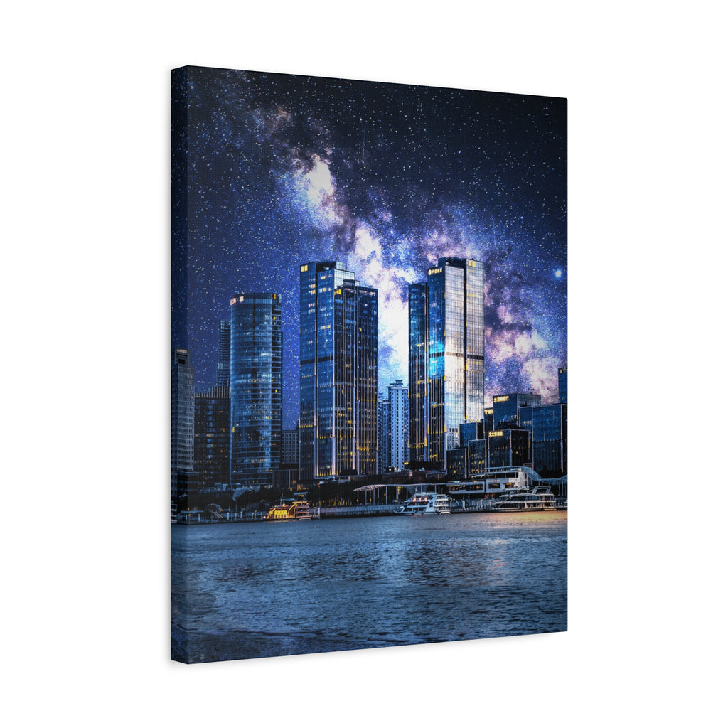 Space Cityscape on the Shore Canvas Wall Art - Neon Sci-Fi Coast Decor