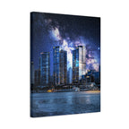 Space Cityscape on the Shore Canvas Wall Art - Neon Sci-Fi Coast Decor
