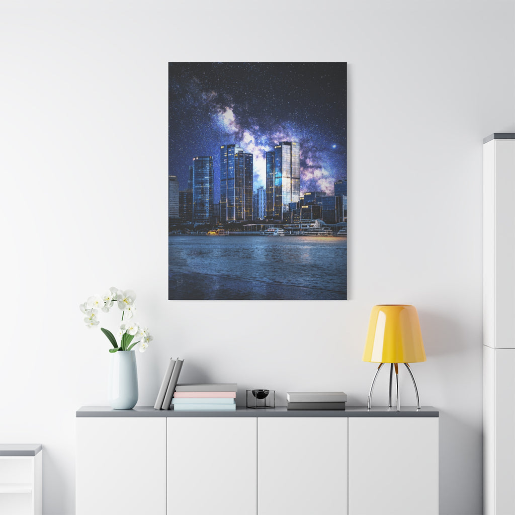 Space Cityscape on the Shore Canvas Wall Art - Neon Sci-Fi Coast Decor