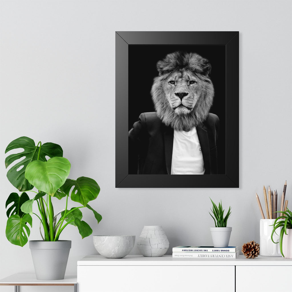 Lion in a Suit Framed Poster - Majestic Business Animal Wall Art