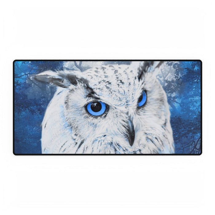 Frost Owl Desk Mat - Winter Forest Bird Mouse Pad by Kiyo Arts