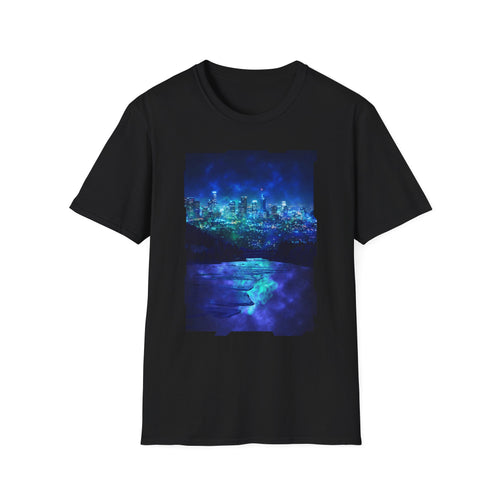 Cosmic Frosted City Skyline Graphic Tee - Night Cityscape Shirt