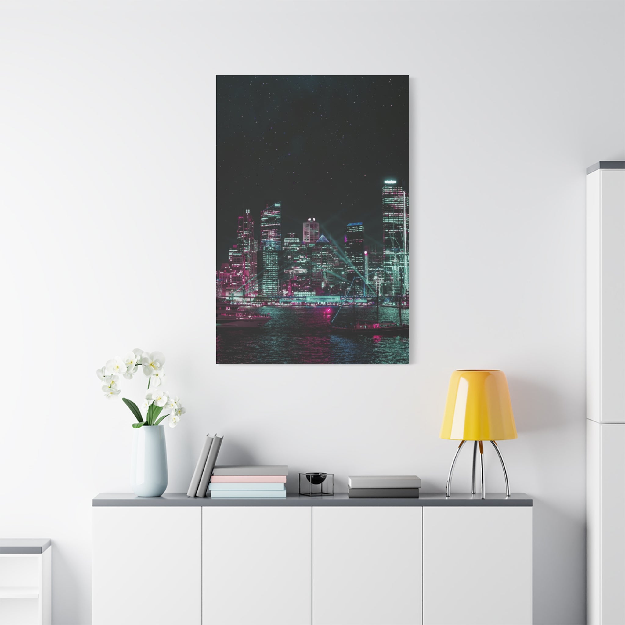 Cyberpunk Harbor Canvas Wall Art - Futuristic Sci-Fi City Decor