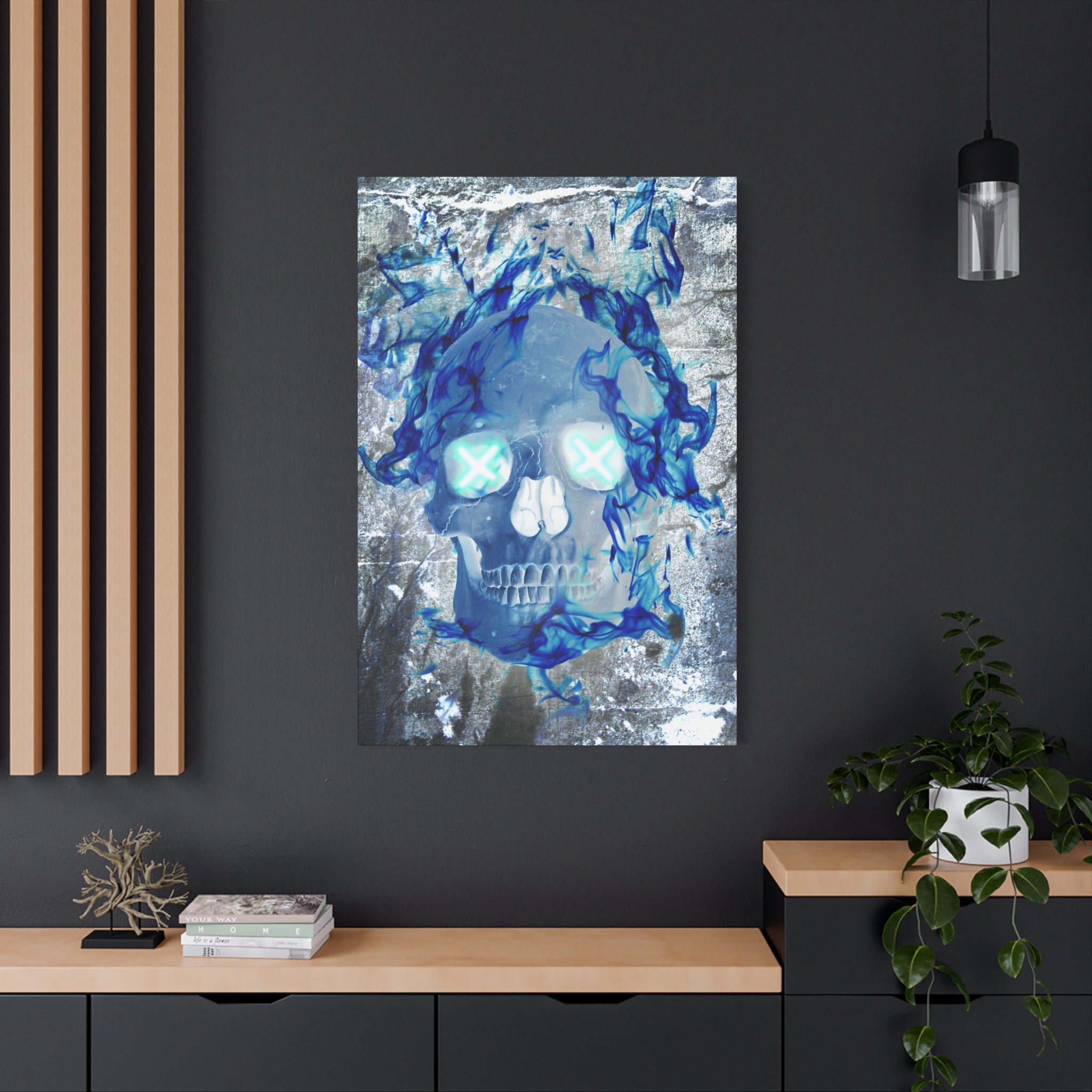 Blue Flame Skull Gothic Canvas Art - Edgy Fire Skeleton Decor