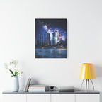 Space Cityscape on the Shore Canvas Wall Art - Neon Sci-Fi Coast Decor