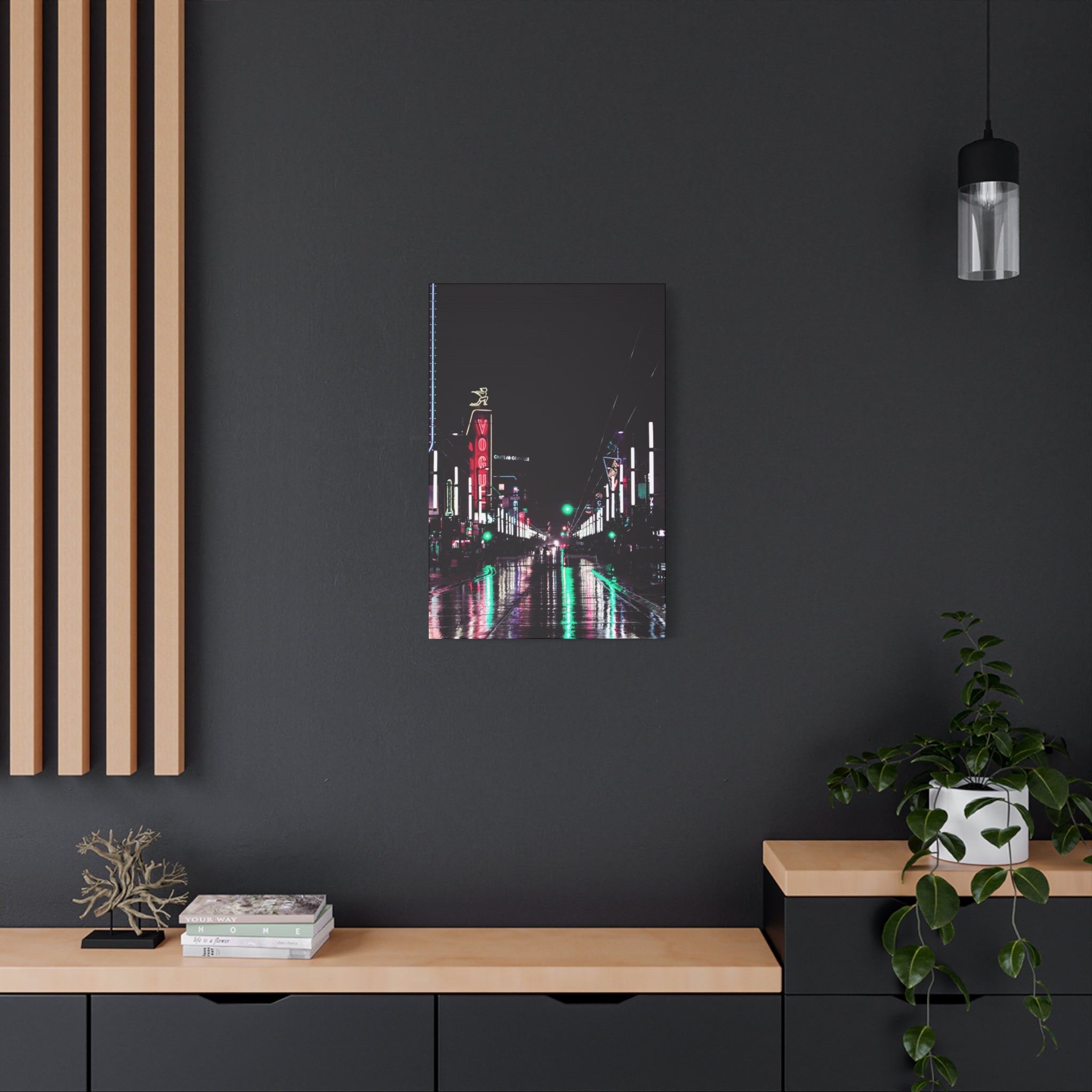 Cyberpunk Slick Street Canvas Wall Art - Neon Alley Decor