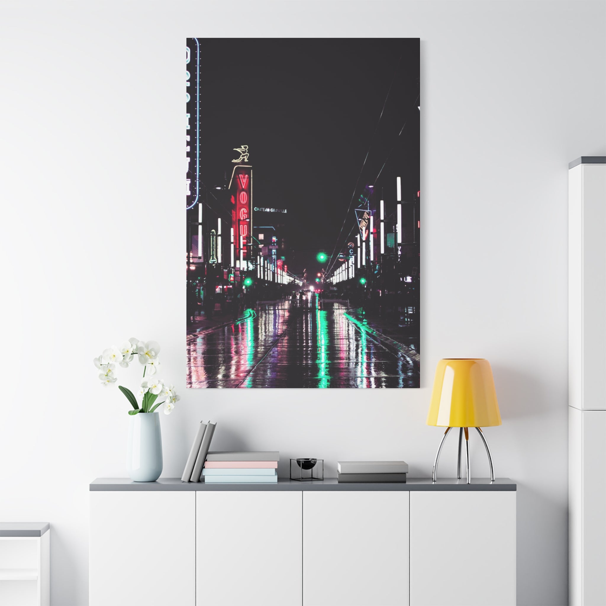 Cyberpunk Slick Street Canvas Wall Art - Neon Alley Decor
