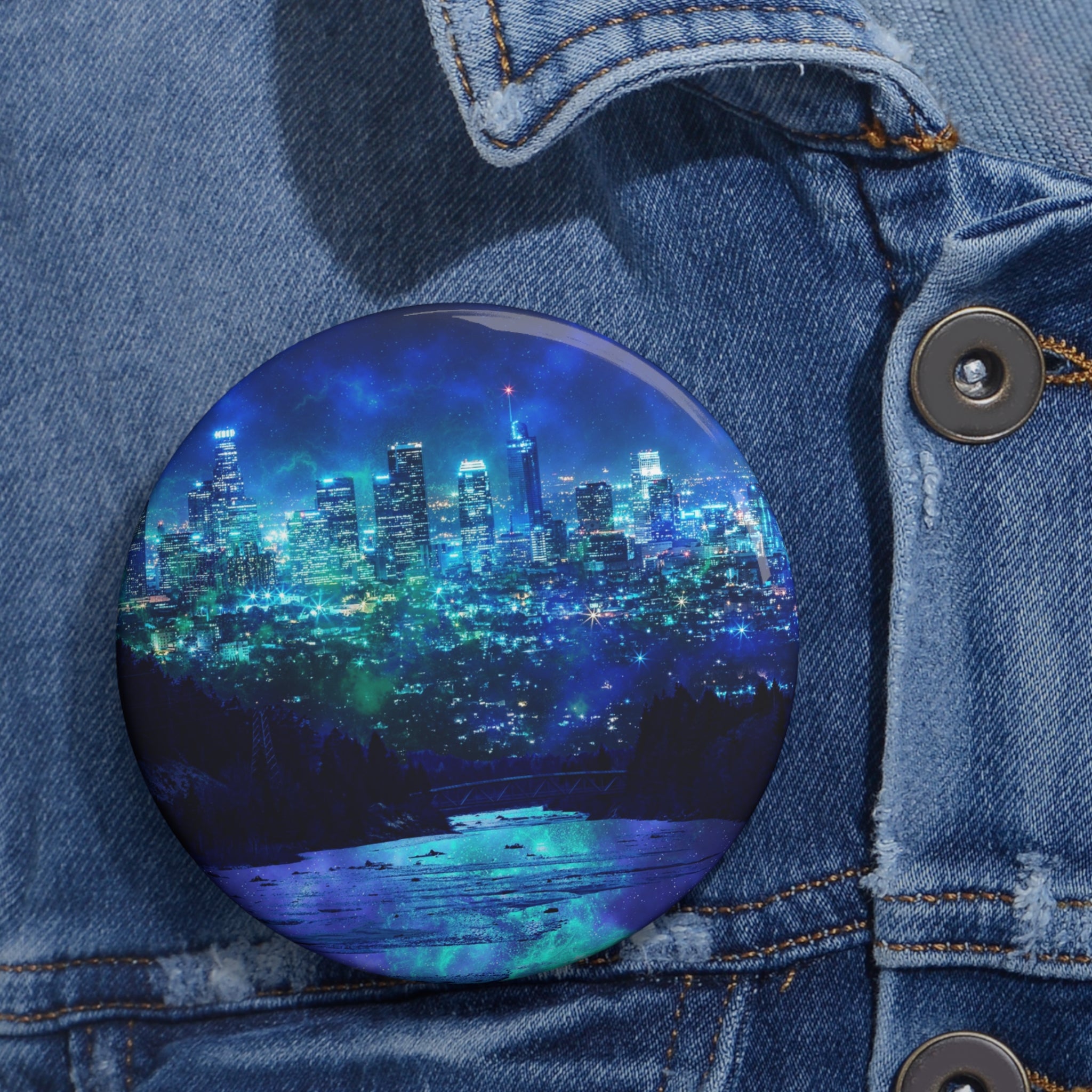 Frosted City Skyline Pin - Cosmic Cityscape Art Button