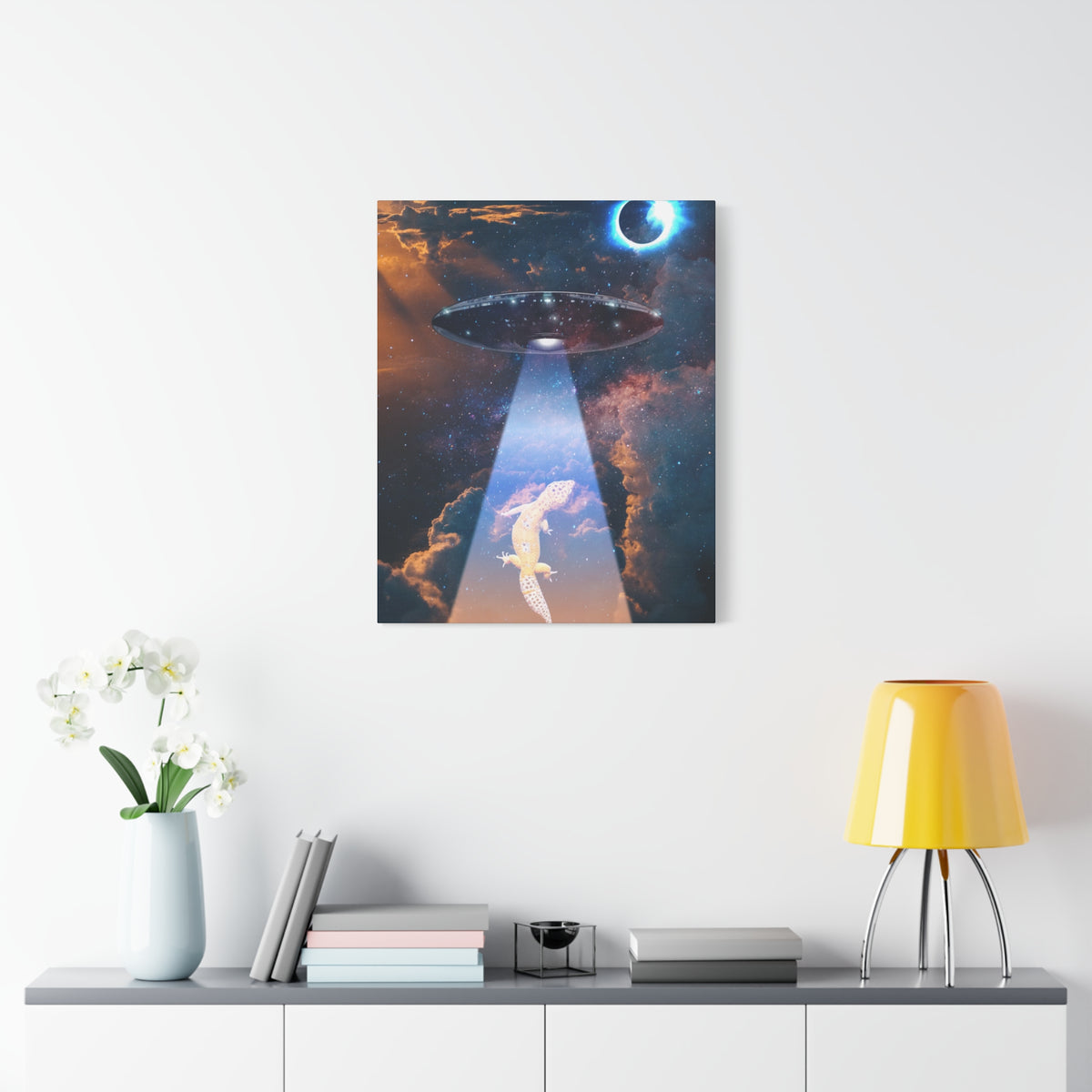 Space Lizards Canvas Wall Art - Lizard Being Abducted Ufo Decor