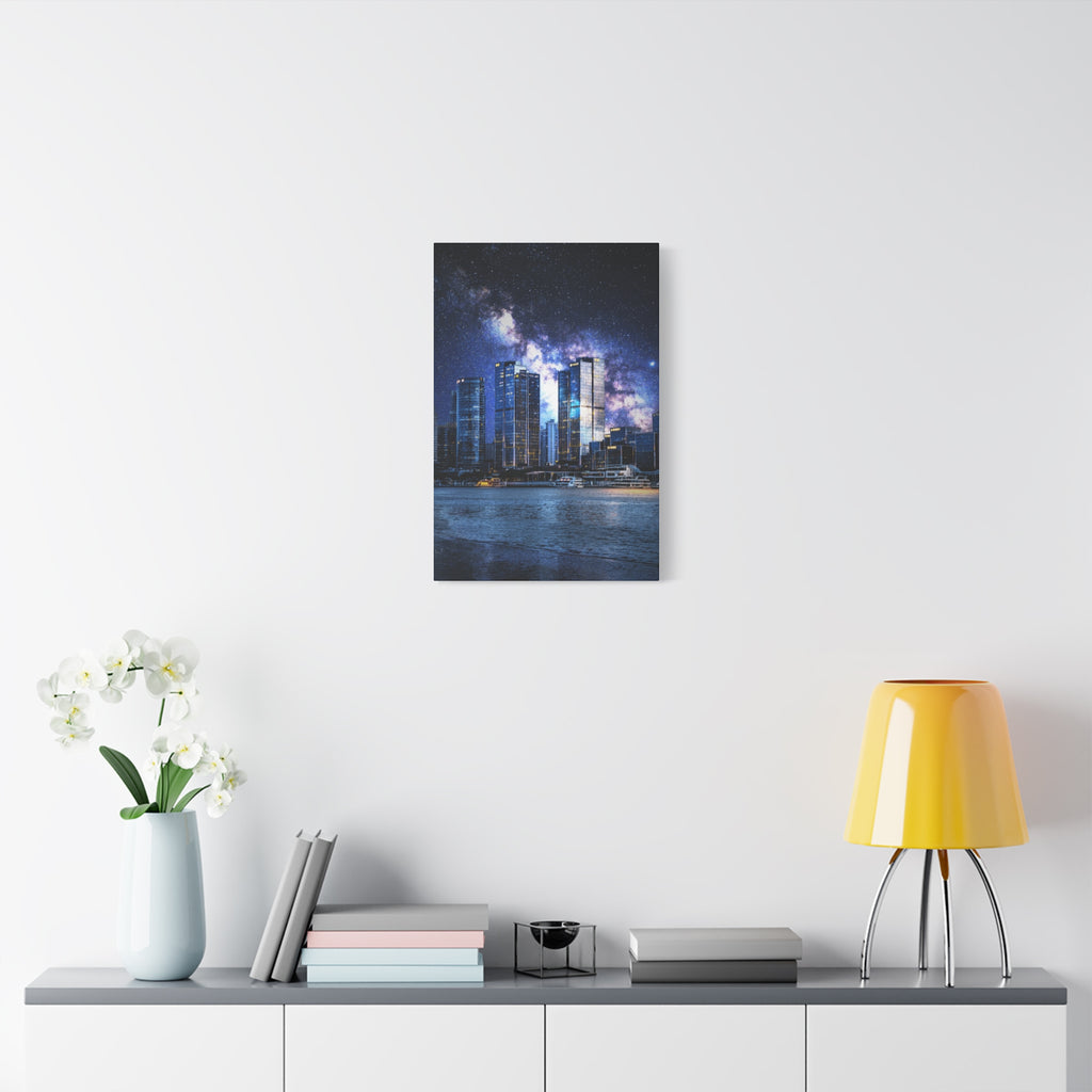 Space Cityscape on the Shore Canvas Wall Art - Neon Sci-Fi Coast Decor