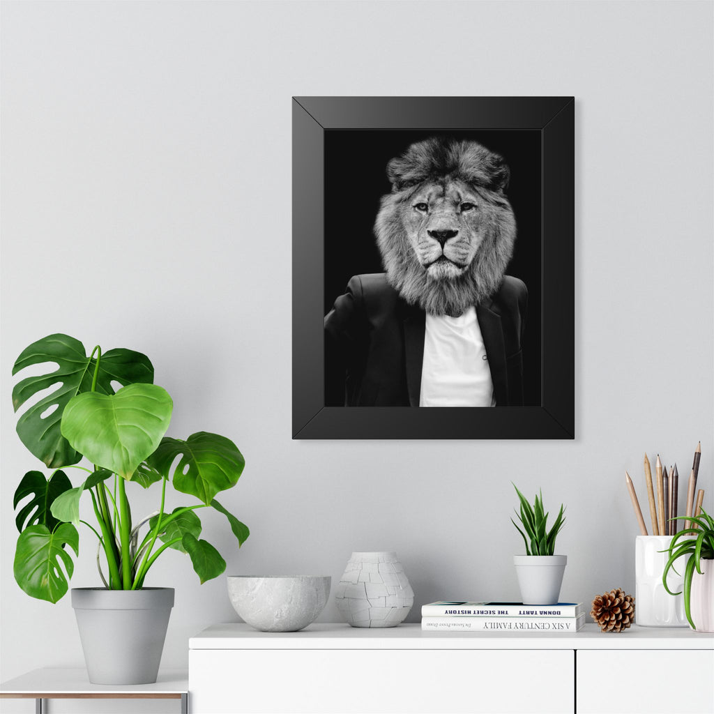 Lion in a Suit Framed Poster - Majestic Business Animal Wall Art