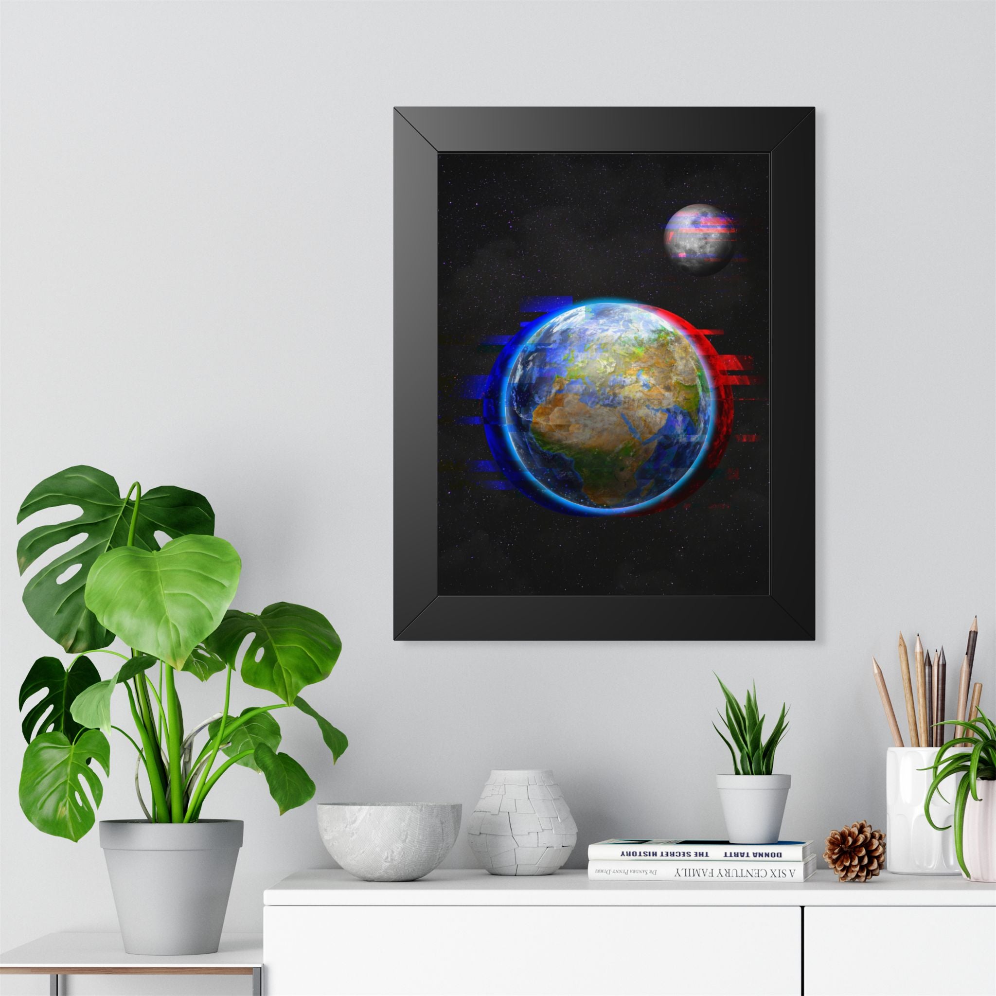Earth Glitched Framed Poster - Digital Glitch Space Wall Art