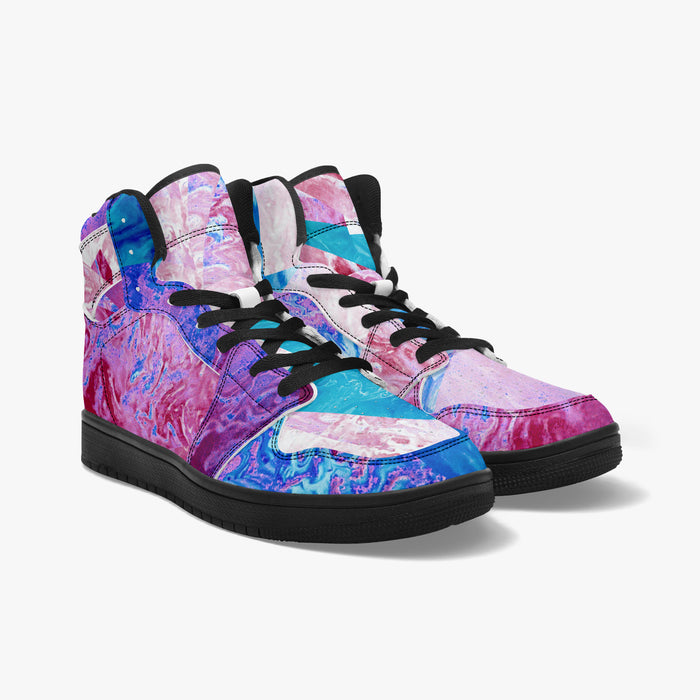 Trippy Pink and Blue Fractal High-Top Sneakers - Marbled Swirl Art by Kiyo Arts