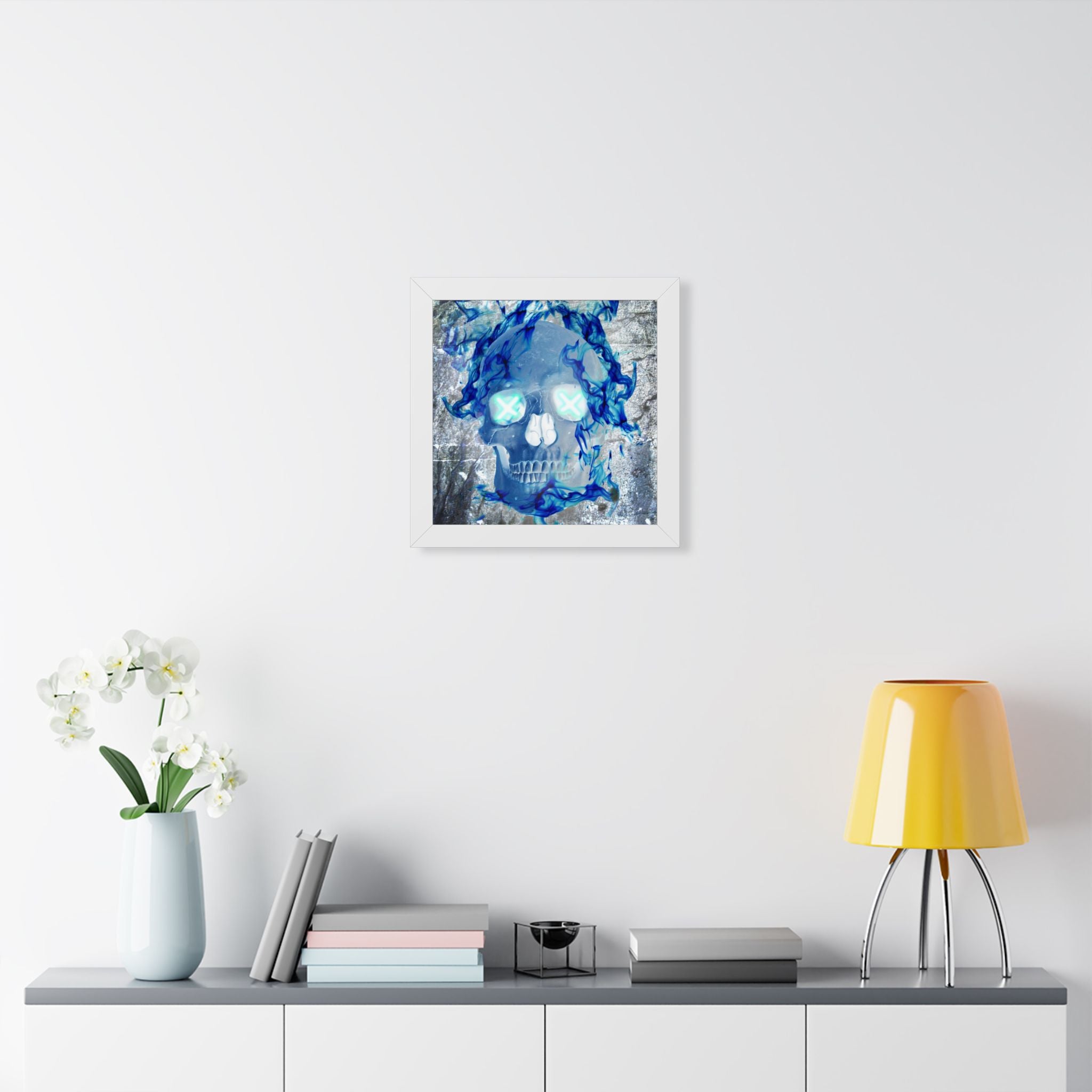 Blue Flame Skull Framed Poster - Gothic Fire Skull Wall Art