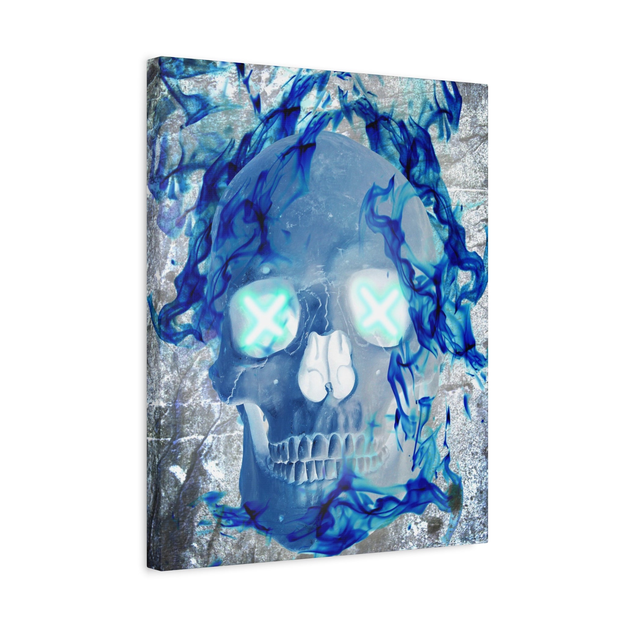 Blue Flame Skull Canvas Wall Art - Gothic Dark Fantasy Decor