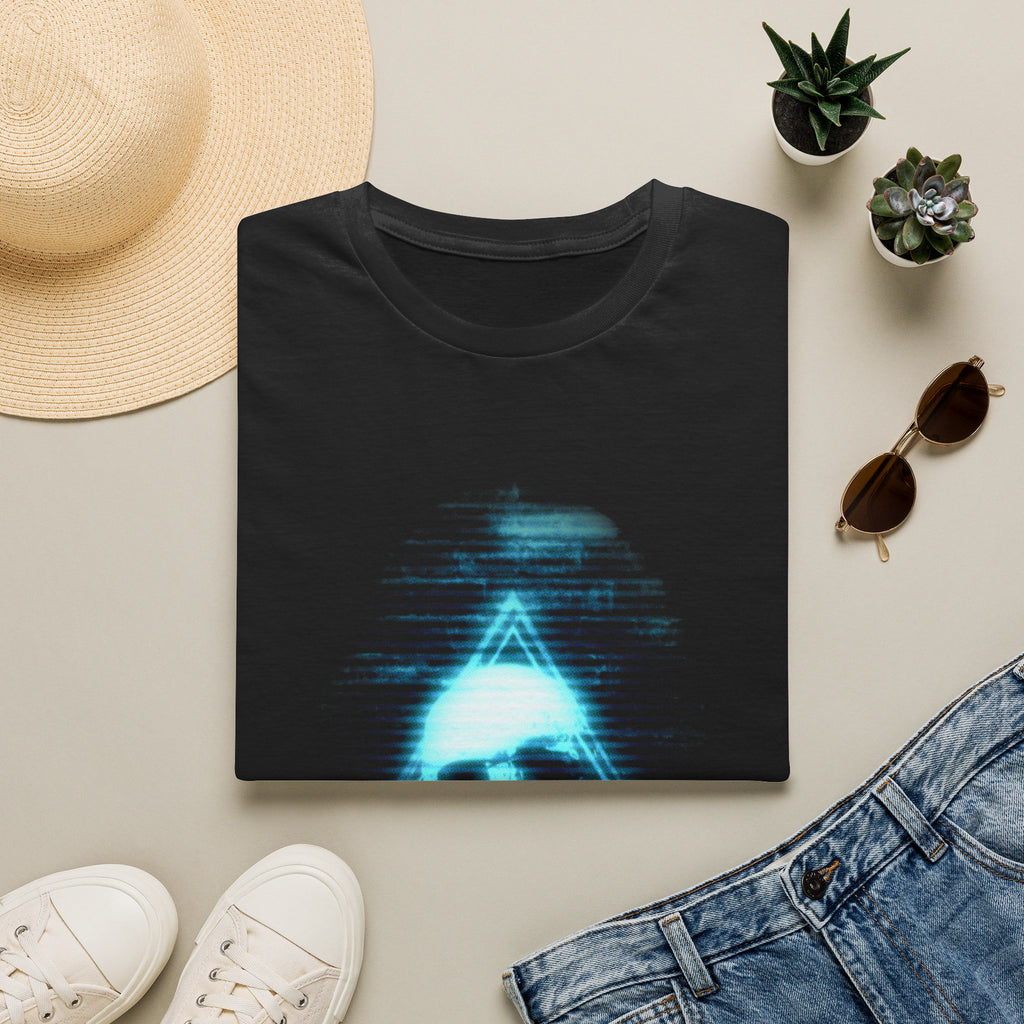 Neon Blue Glitch Triangle Skull Tee - Pastel Vaporwave CRT Shirt