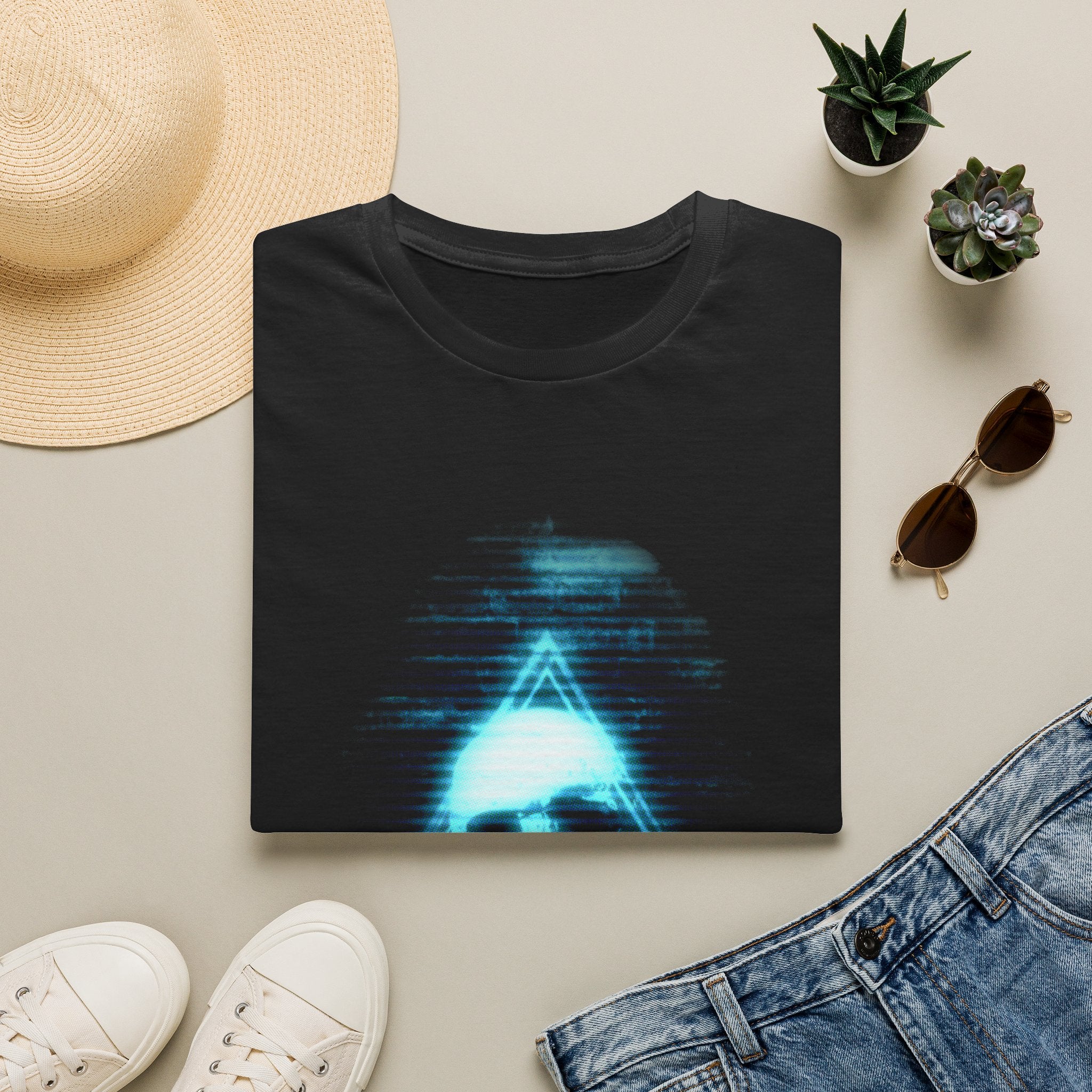 Neon Blue Glitch Triangle Skull Tee - Pastel Vaporwave CRT Shirt