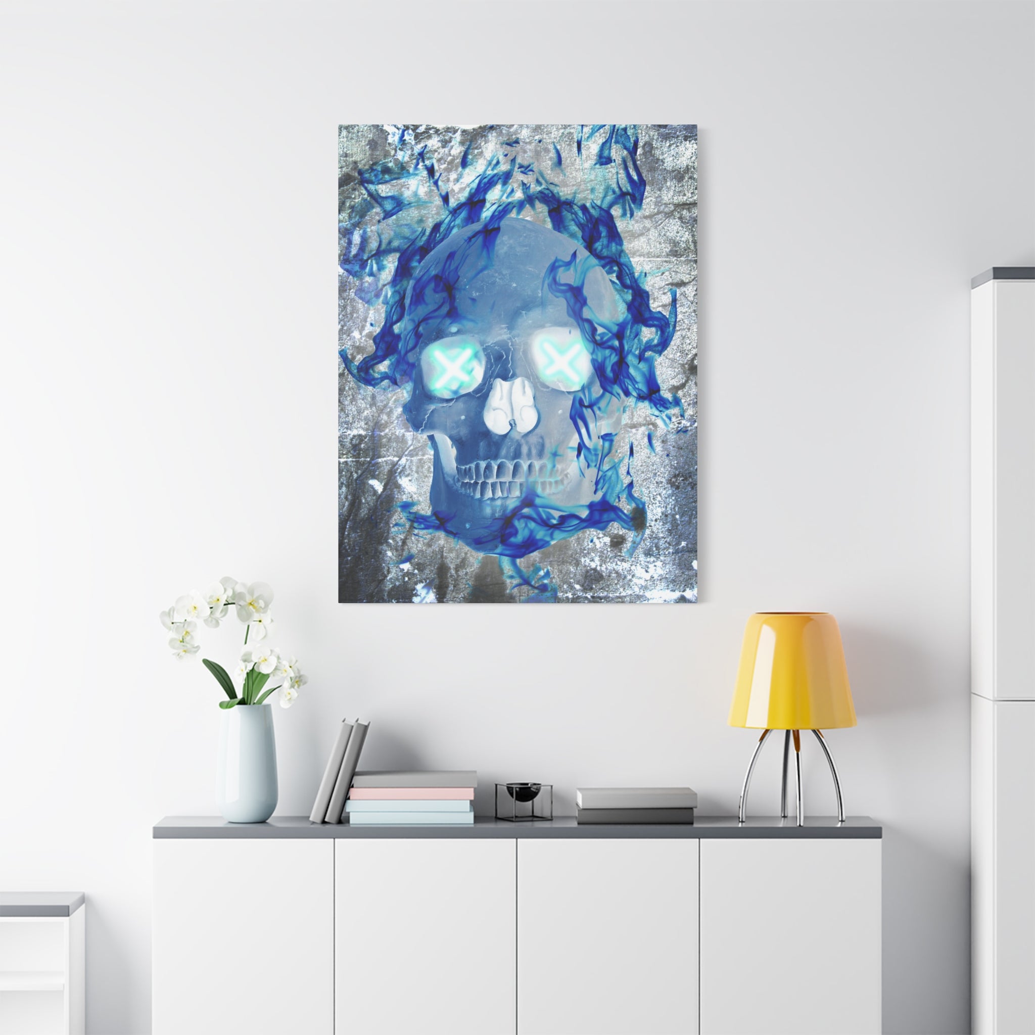 Blue Flame Skull Gothic Canvas Art - Edgy Fire Skeleton Decor