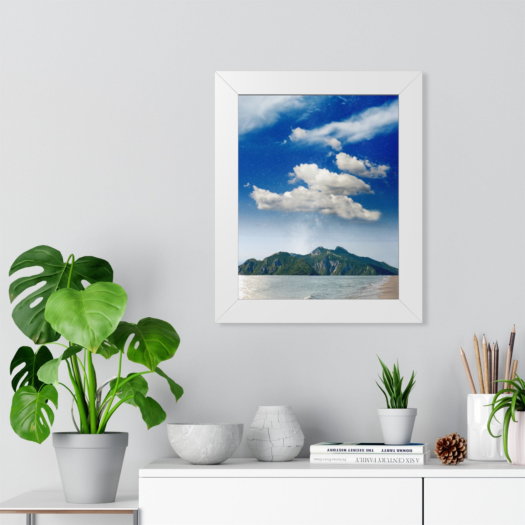 Star-Filled Shoreline Framed Vertical Poster - Stunning Ocean View Art for Home & Office Décor
