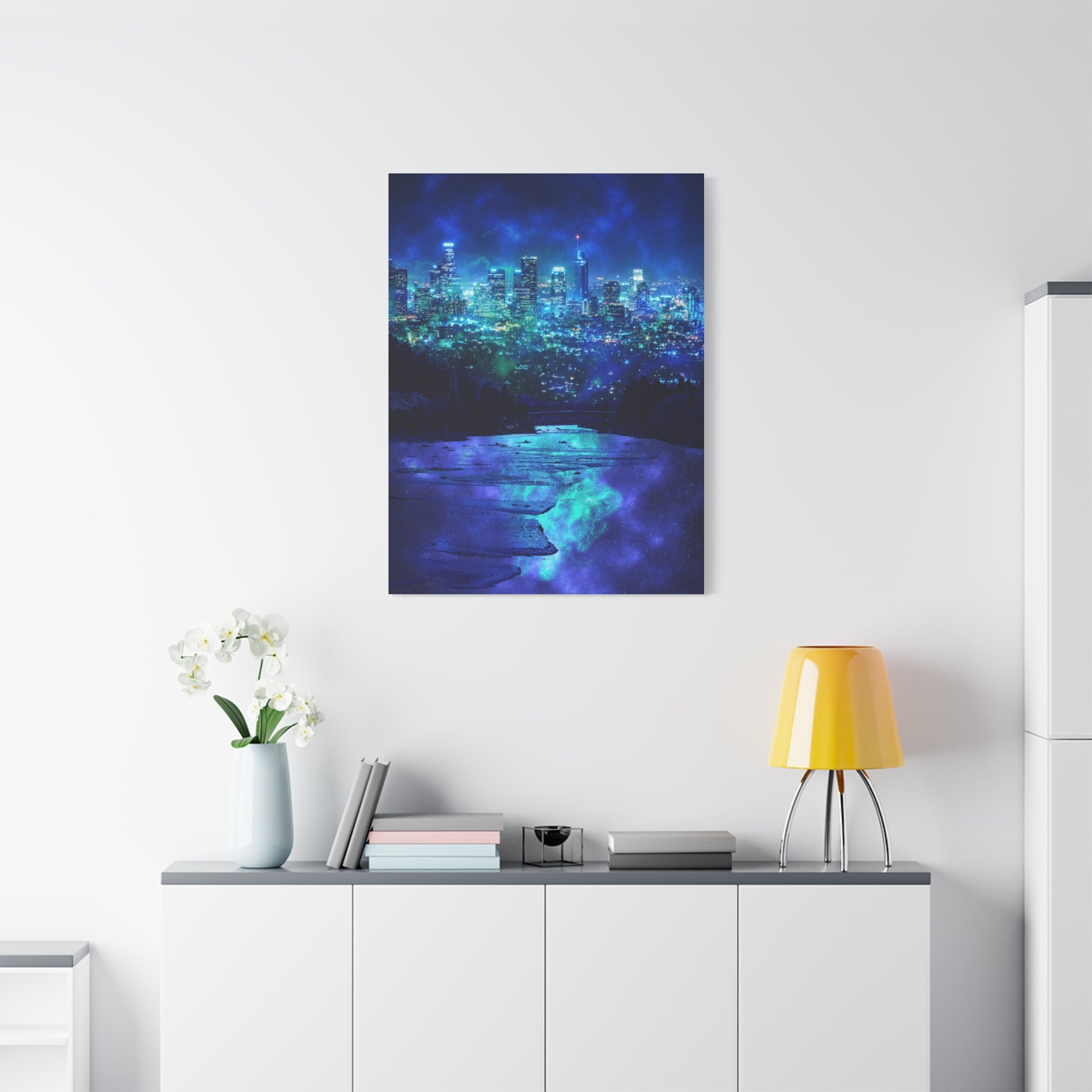 Cosmic Frosted City Canvas Wall Art - Winter Cityscape Decor