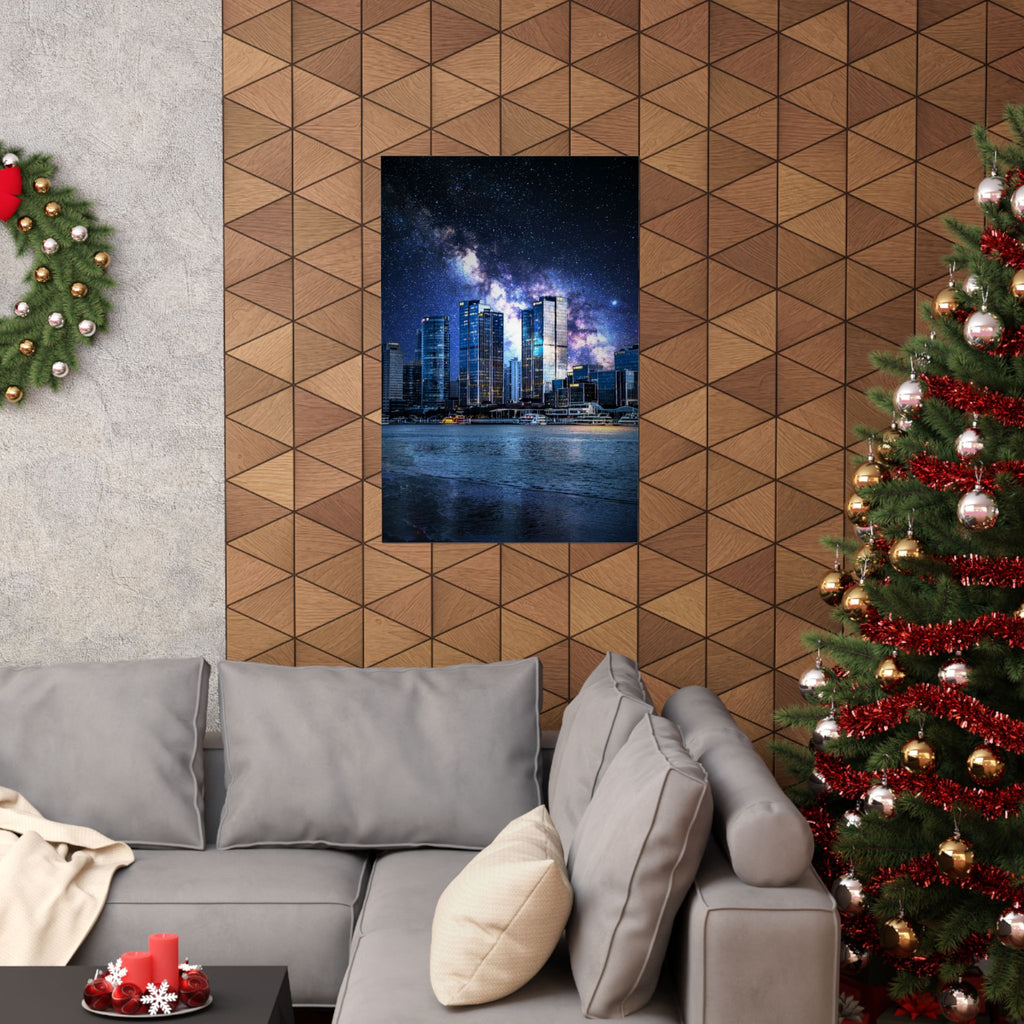 Space Cityscape on the Shore Poster - Neon Sci-Fi Coast Art Print