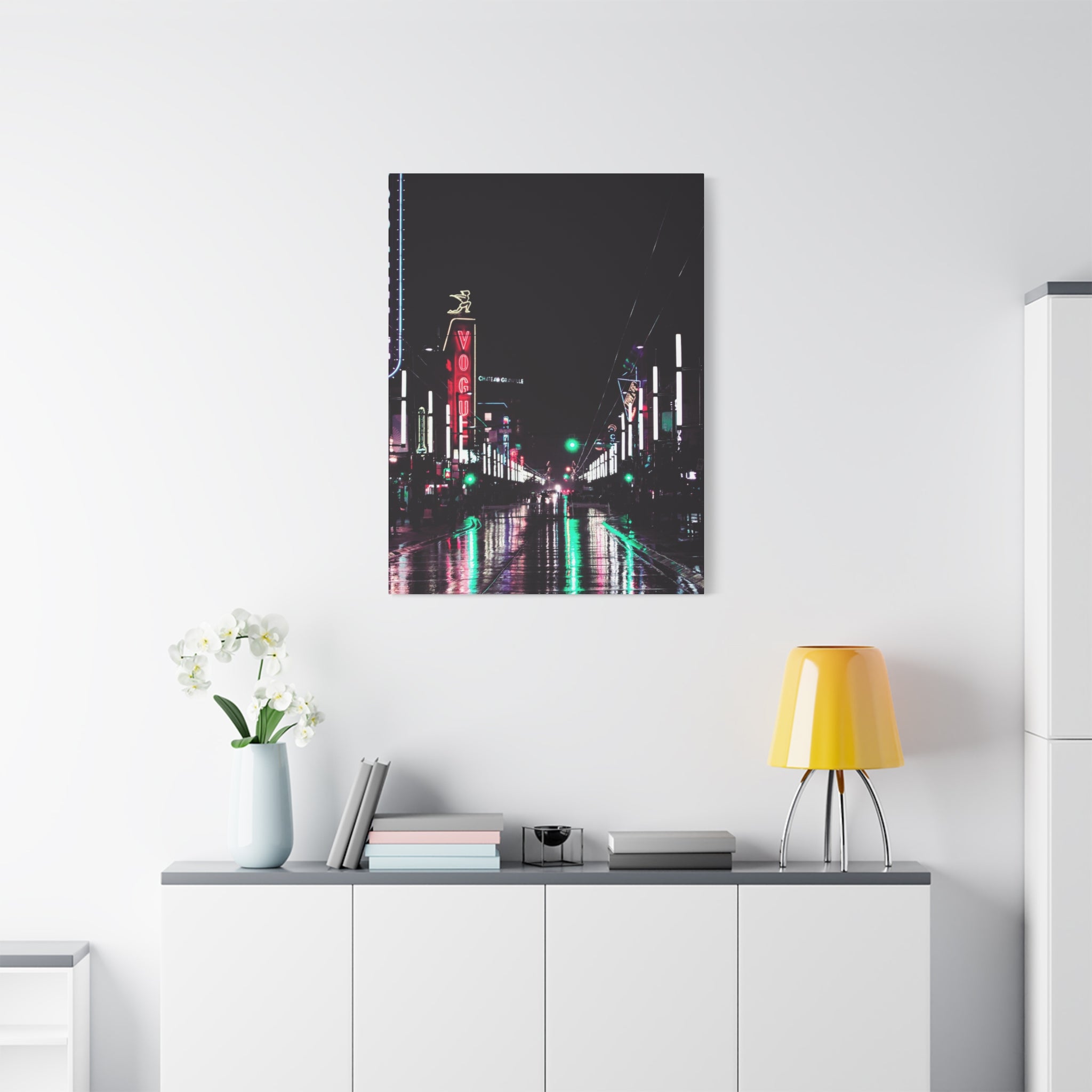 Cyberpunk Slick Street Canvas Wall Art - Neon Alley Decor