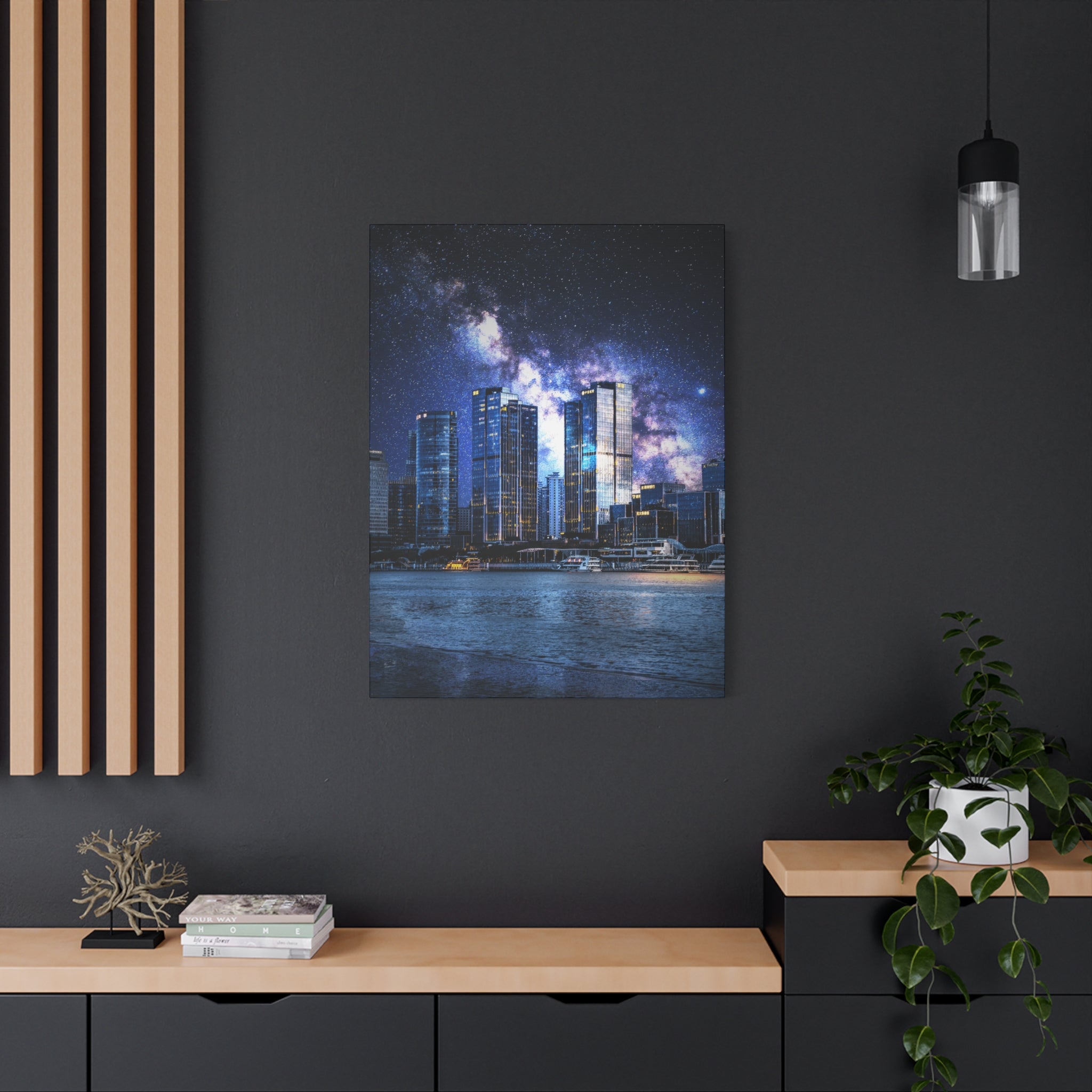 Space Cityscape on the Shore Canvas Wall Art - Neon Sci-Fi Coast Decor