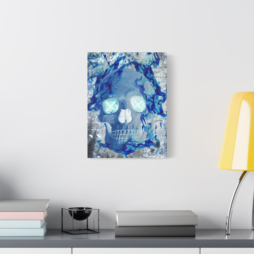 Blue Flame Skull Gothic Canvas Art - Edgy Fire Skeleton Decor