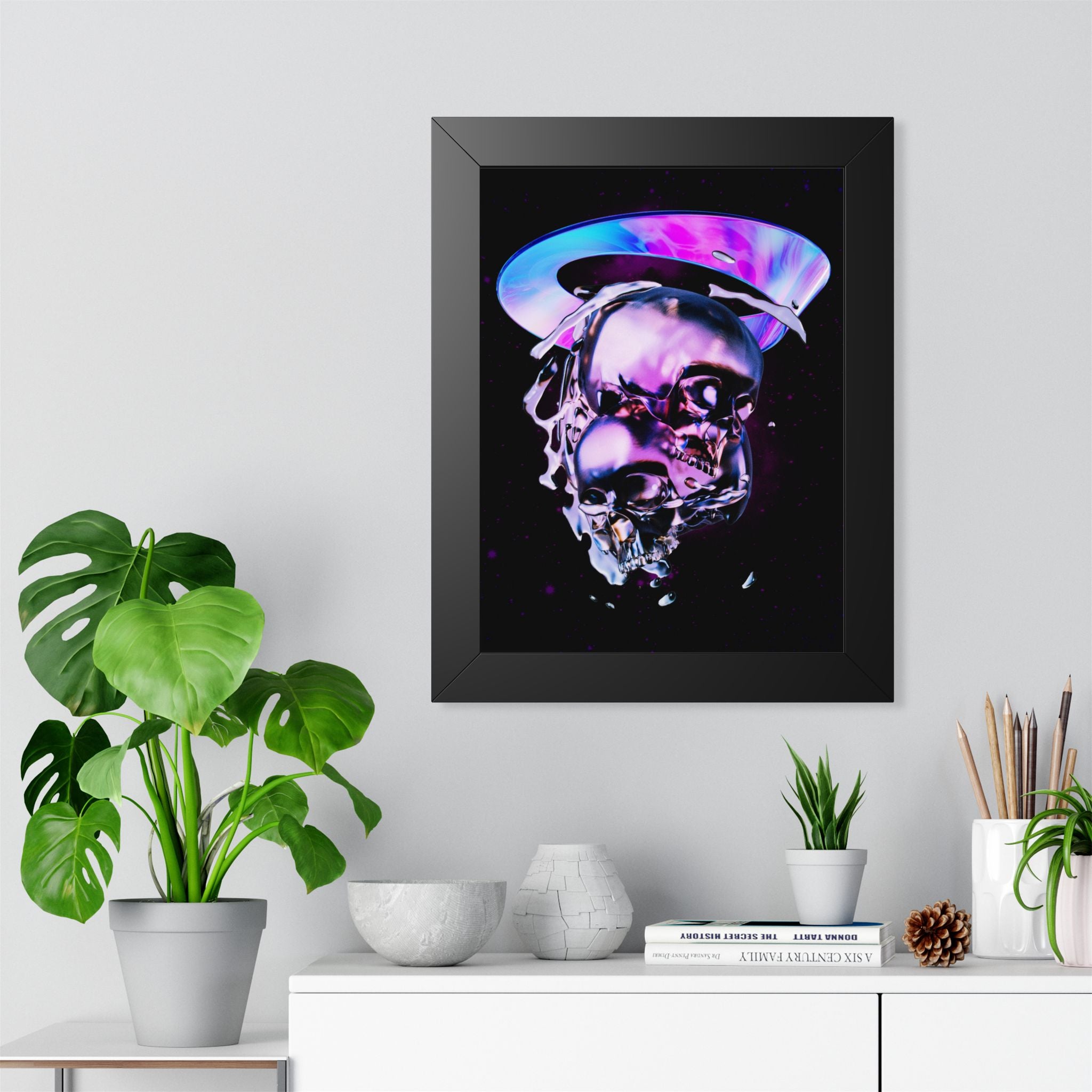 Melted Skeleton Skulls Framed Poster - Gothic Cosmic Skull Wall Art