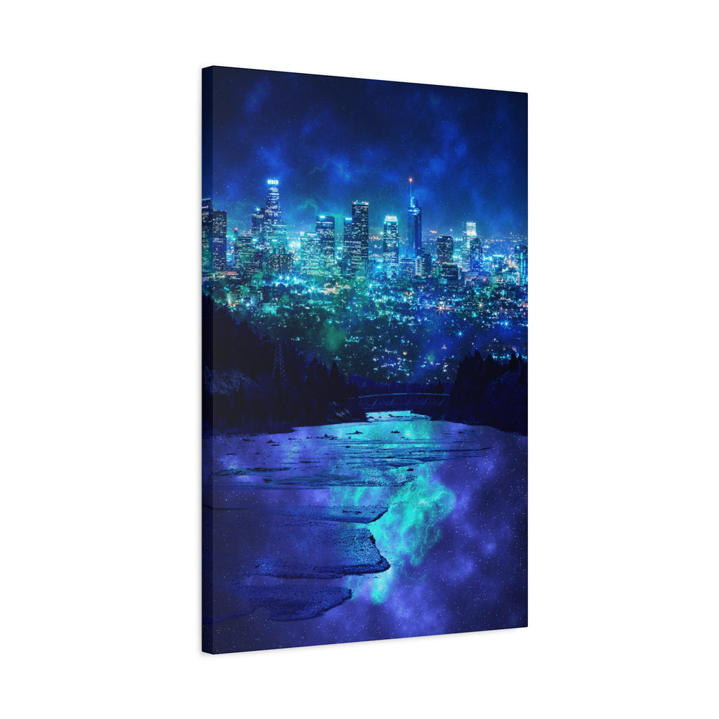 Cosmic Frosted City Canvas Art - Winter Metropolitan Nightscape