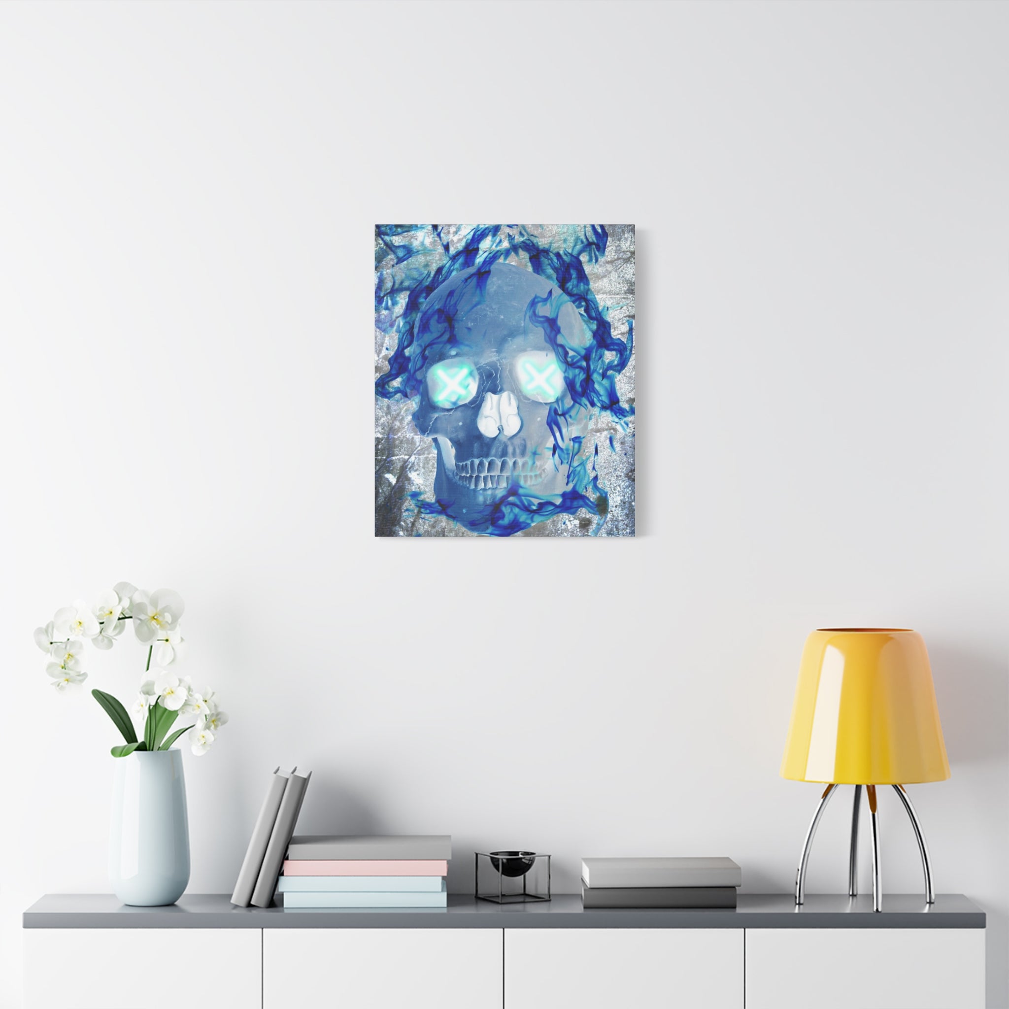 Blue Flame Skull Canvas Wall Art - Gothic Dark Fantasy Decor