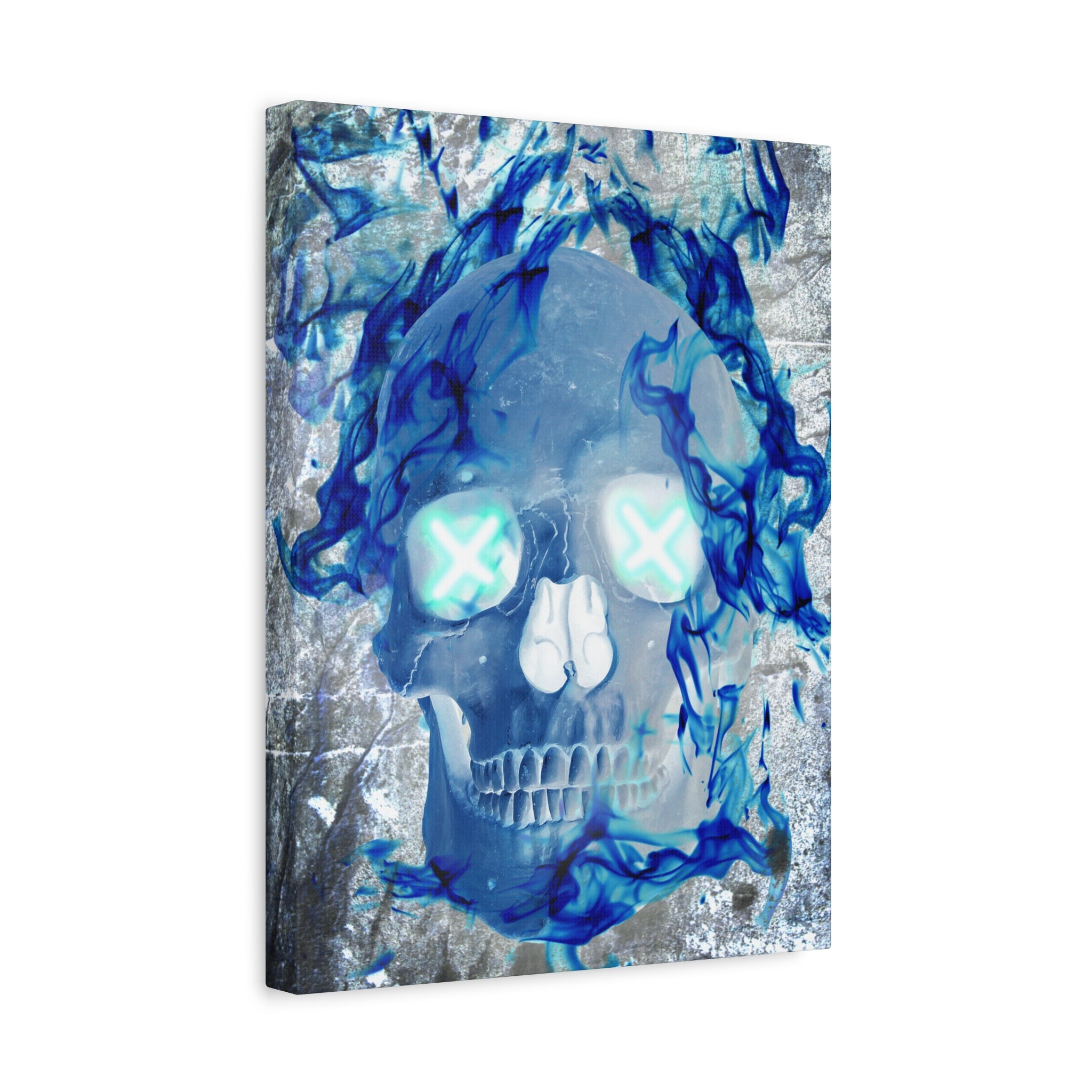 Blue Flame Skull Gothic Canvas Art - Edgy Fire Skeleton Decor