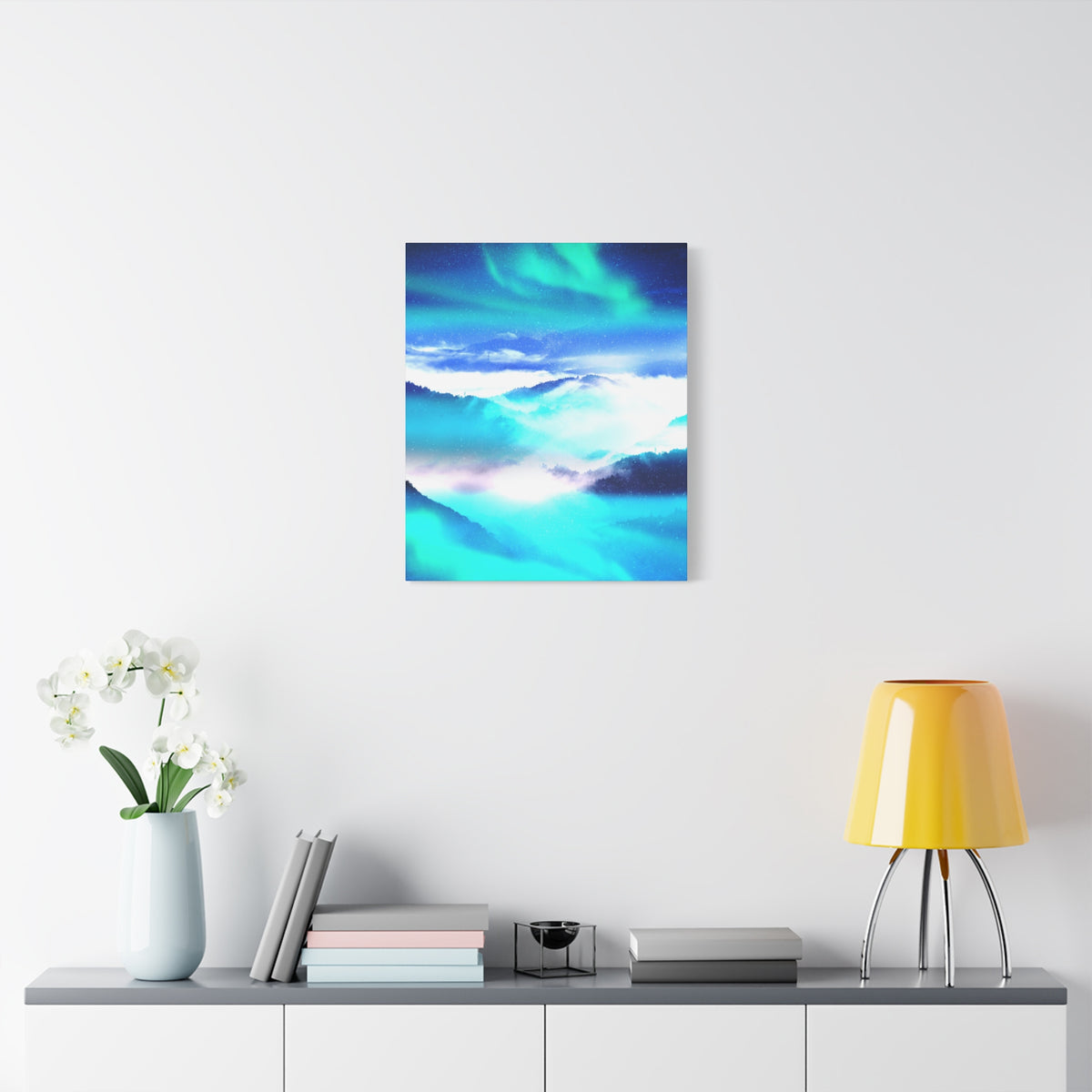 Starry Mountain Sky Canvas Wall Art - Aurora Borealis Decor