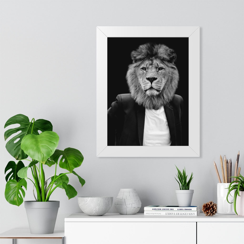 Lion in a Suit Framed Poster - Majestic Business Animal Wall Art