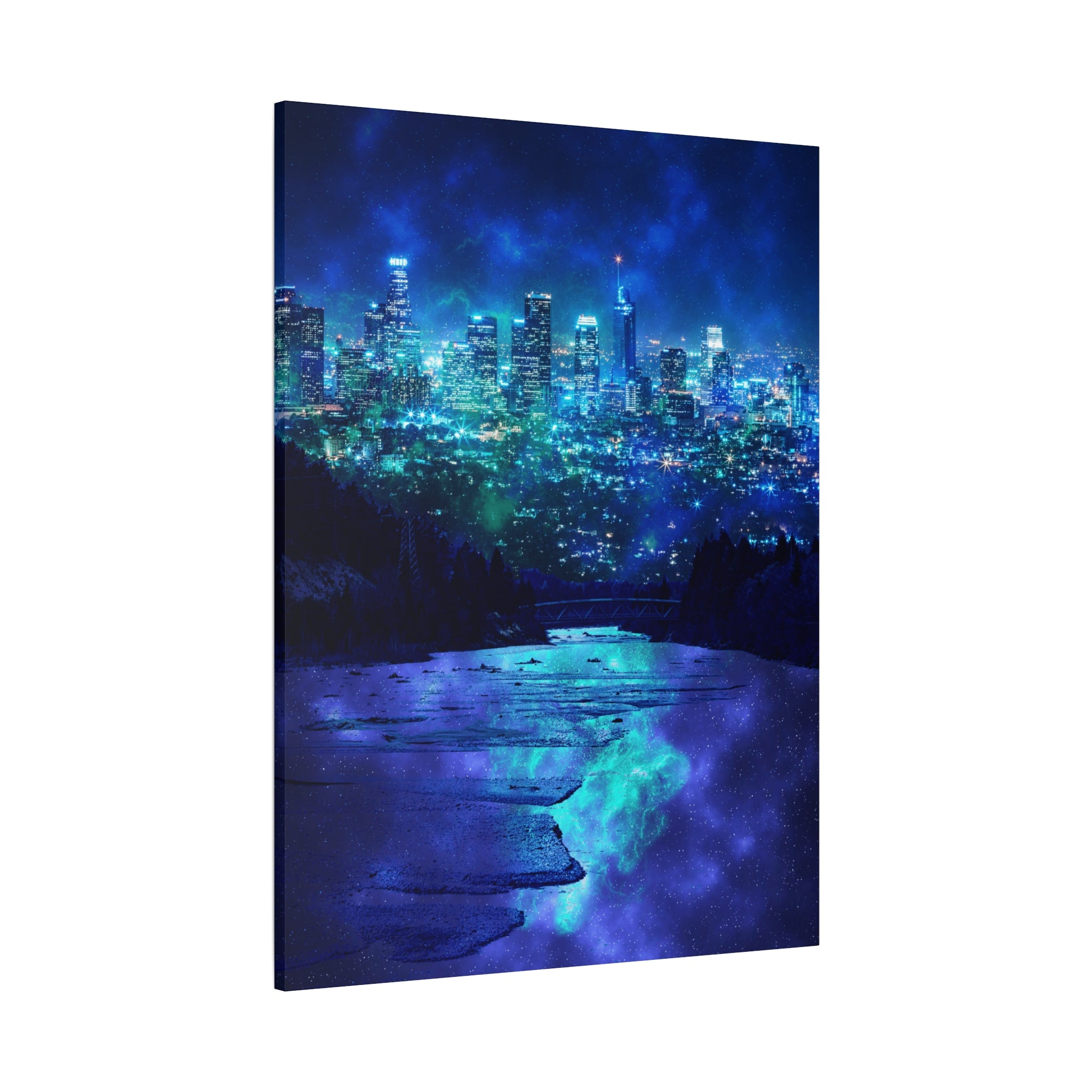 Cosmic Frosted City Canvas Art - Winter Metropolitan Nightscape