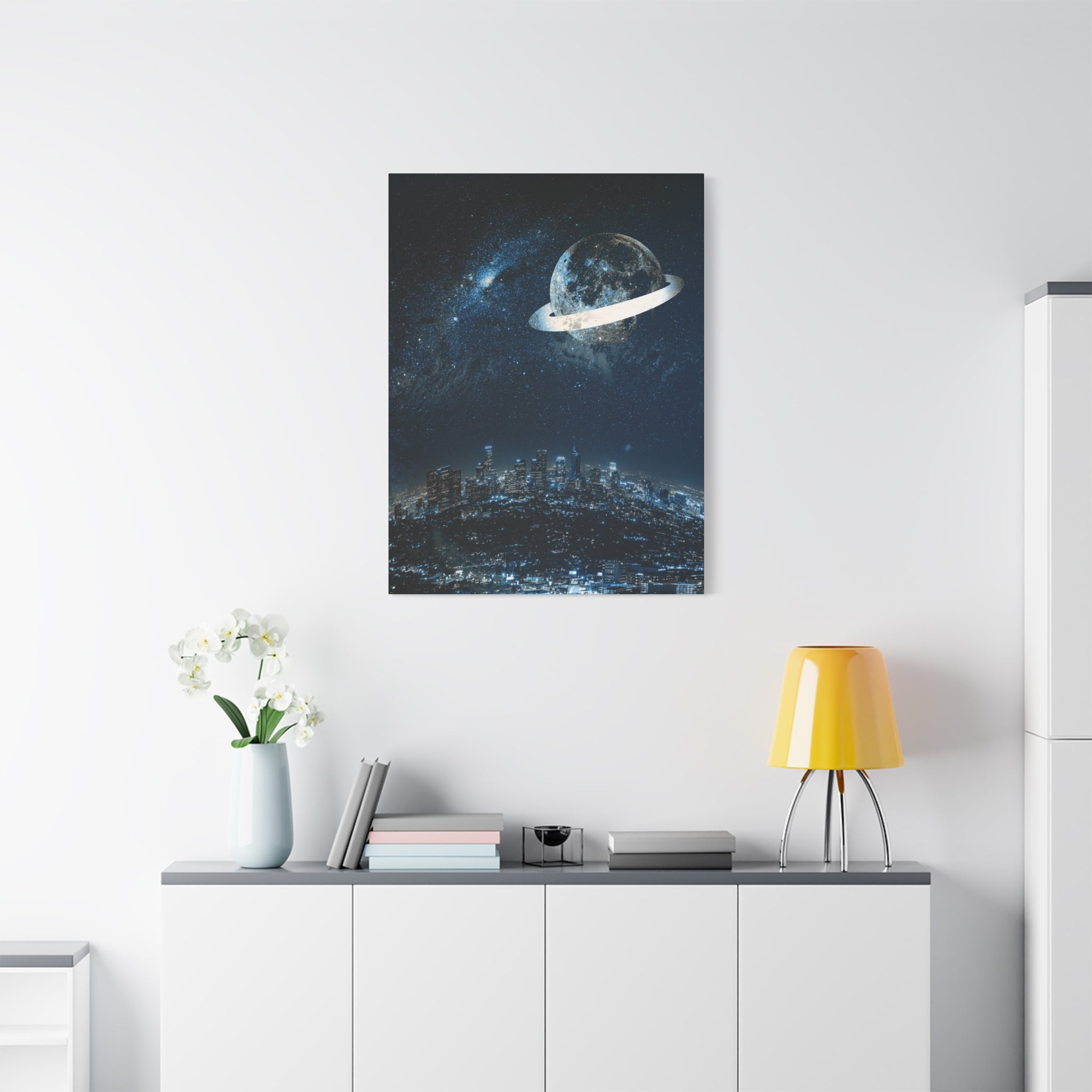 Starlight Cityscape Under a Celestial Moon Canvas Wall Art