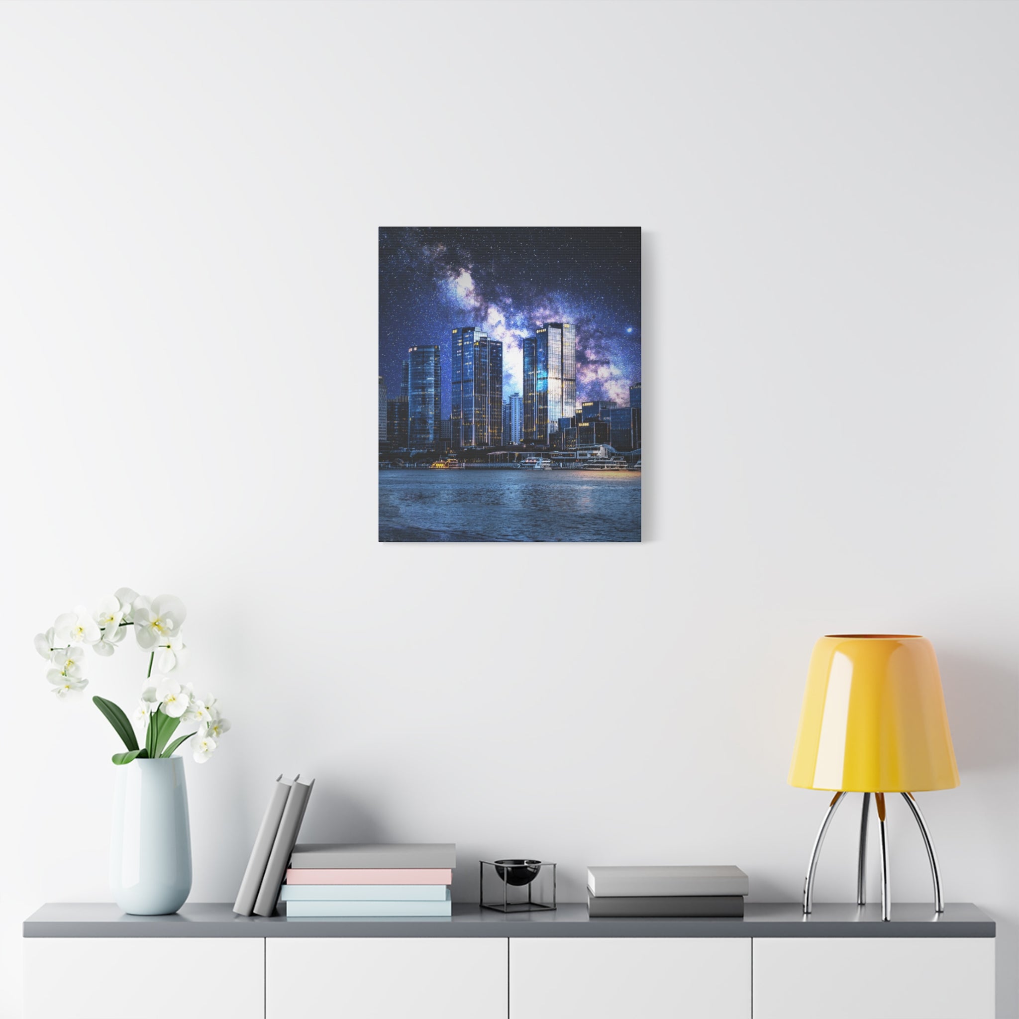 Space Cityscape on the Shore Canvas Wall Art - Neon Sci-Fi Coast Decor