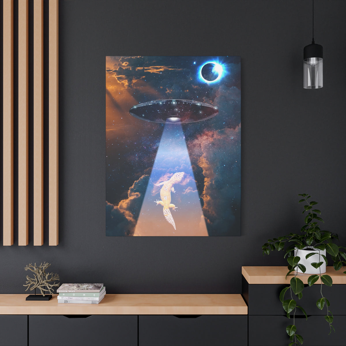 Space Lizards Canvas Wall Art - Lizard Being Abducted Ufo Decor